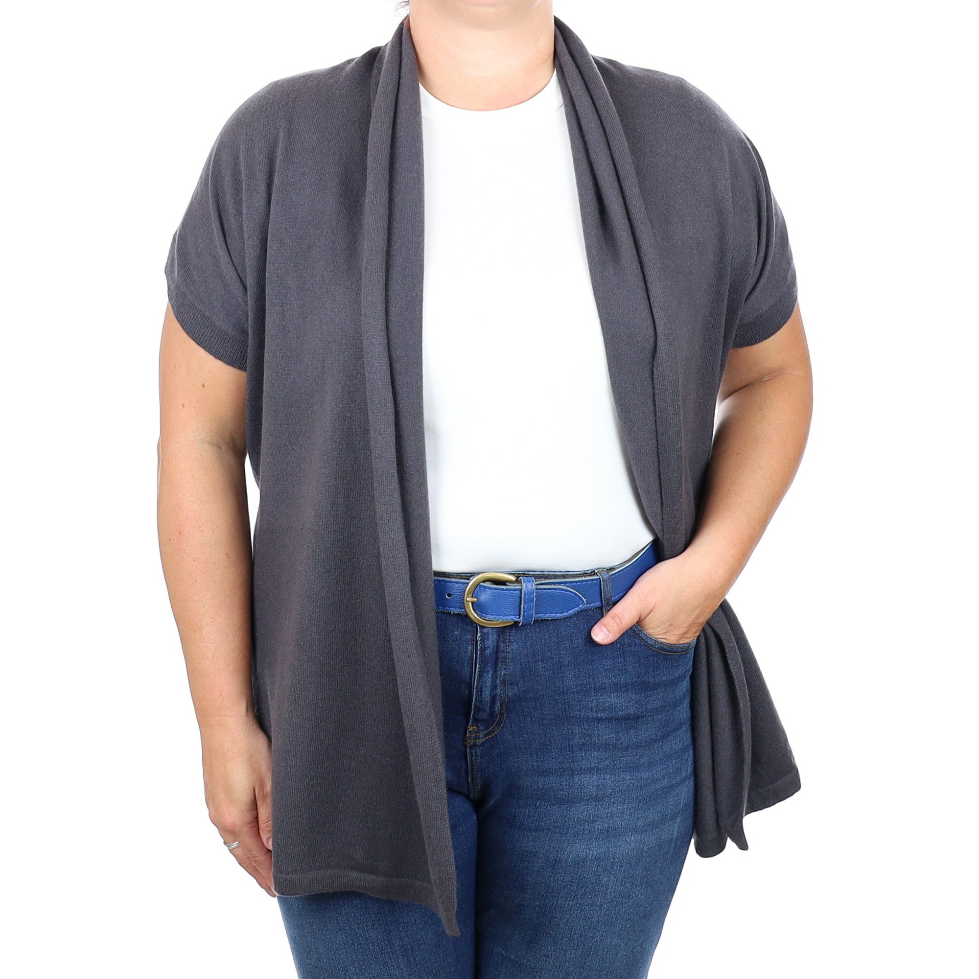 Graphite Grey Cashmere Short Sleeved Waterfall Cardigan Large