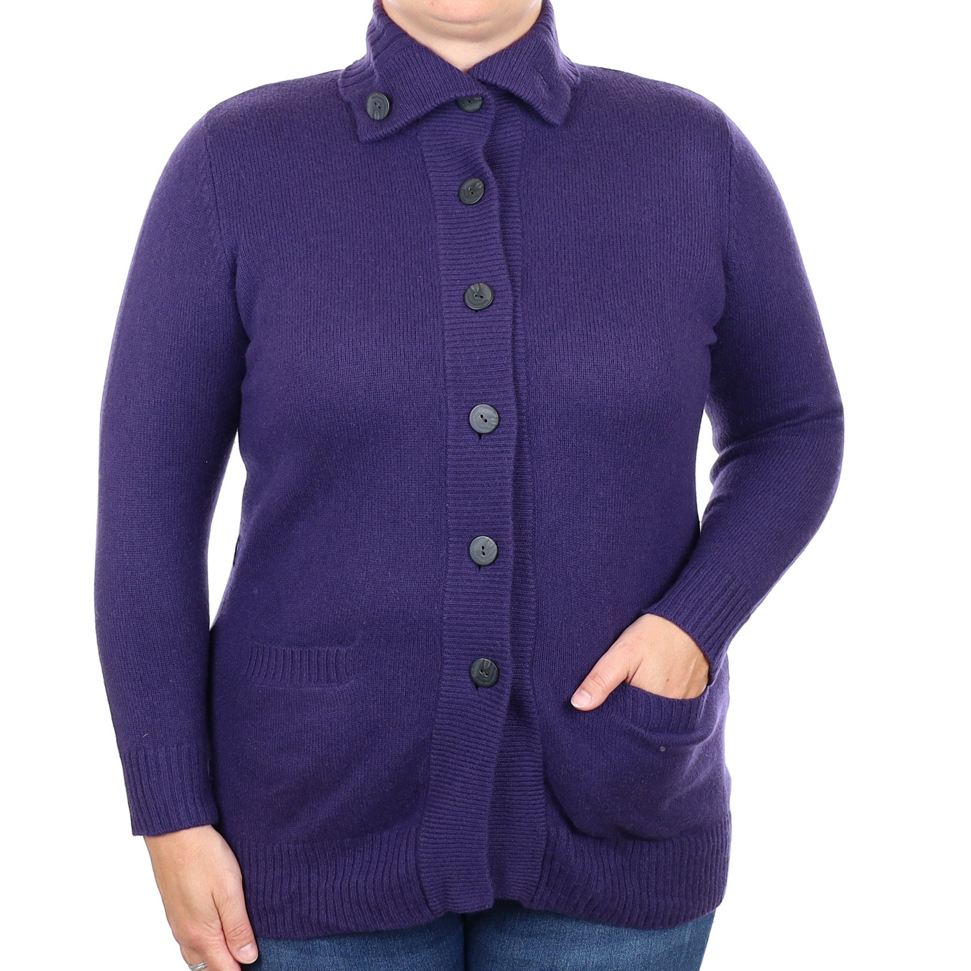 Grape Purple Cashmere Heavy Knit Cardigan with Pockets Large