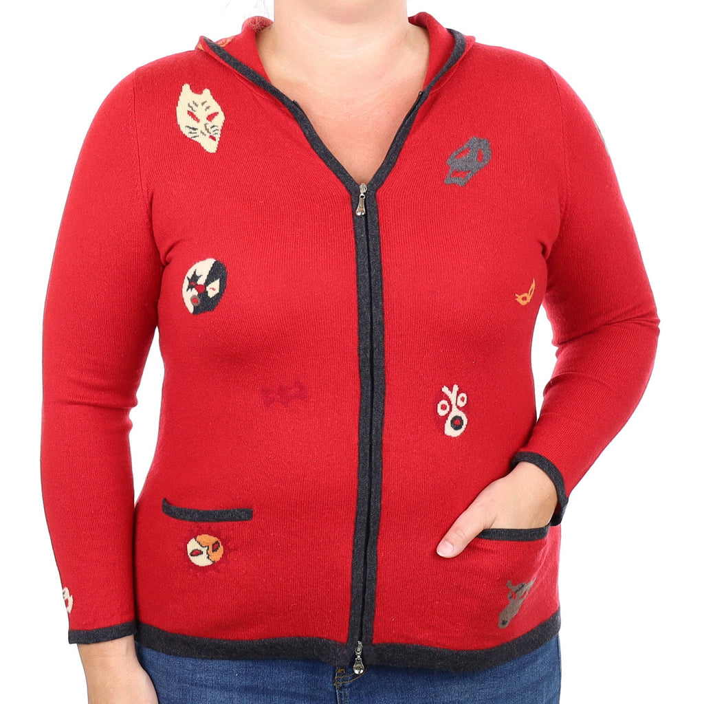 Red Patterned Cashmere Zip Up Hoodie with Pockets  Large