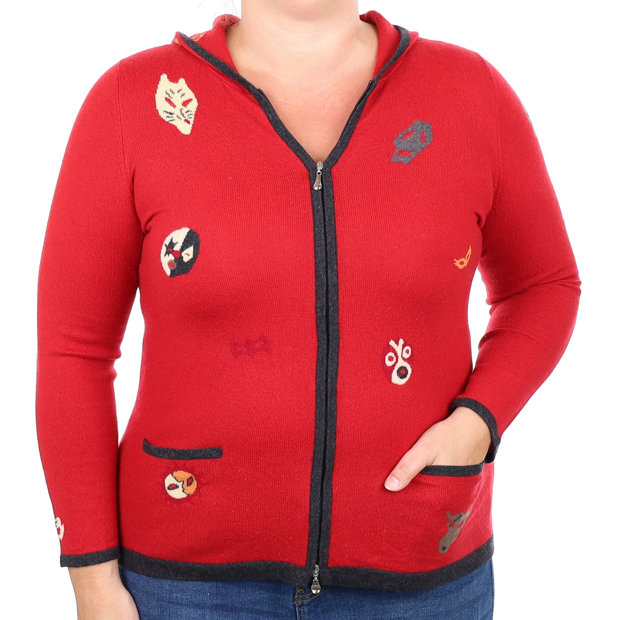 Red Patterned Cashmere Zip Up Hoodie with Pockets  Large