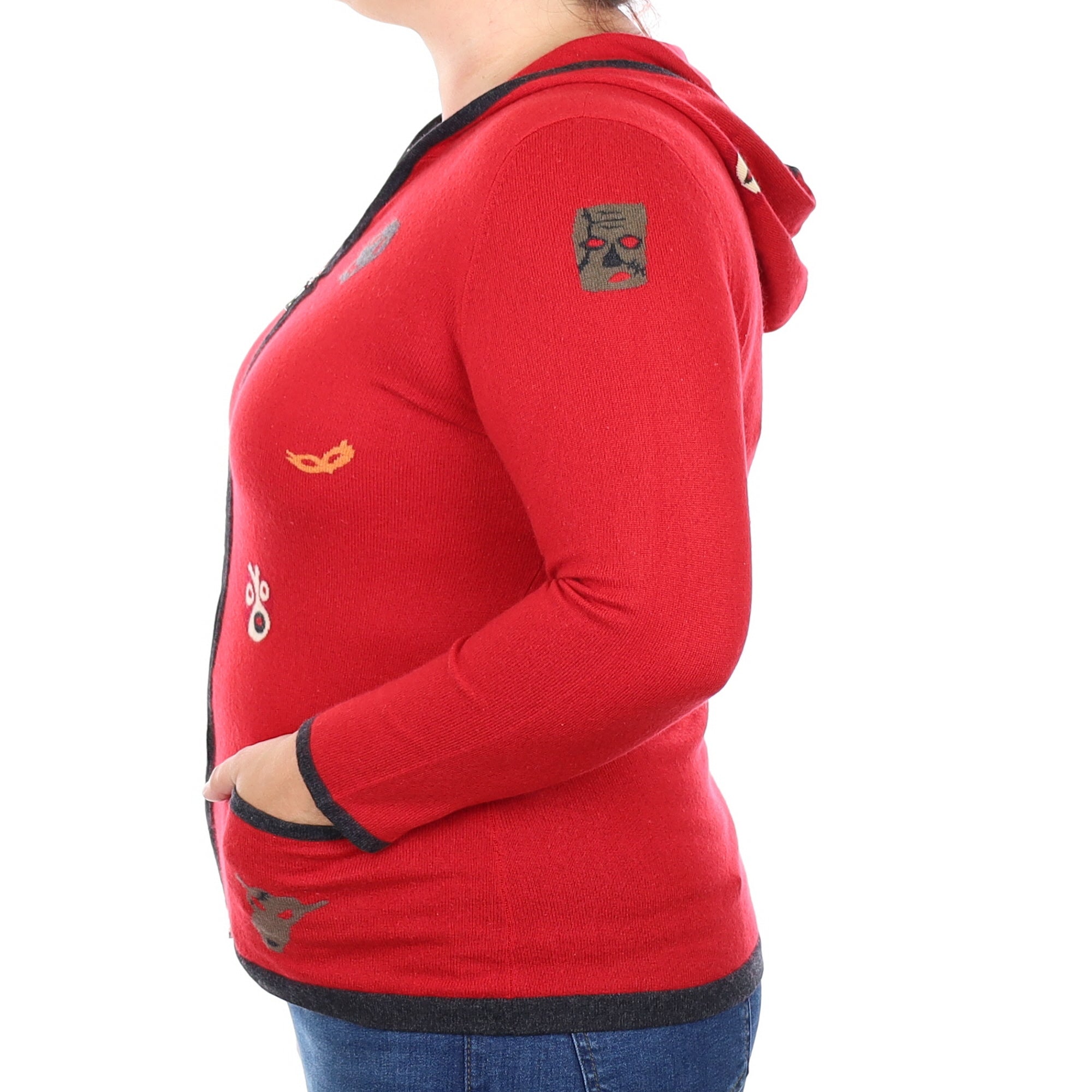 Red Patterned Cashmere Zip Up Hoodie with Pockets  Large