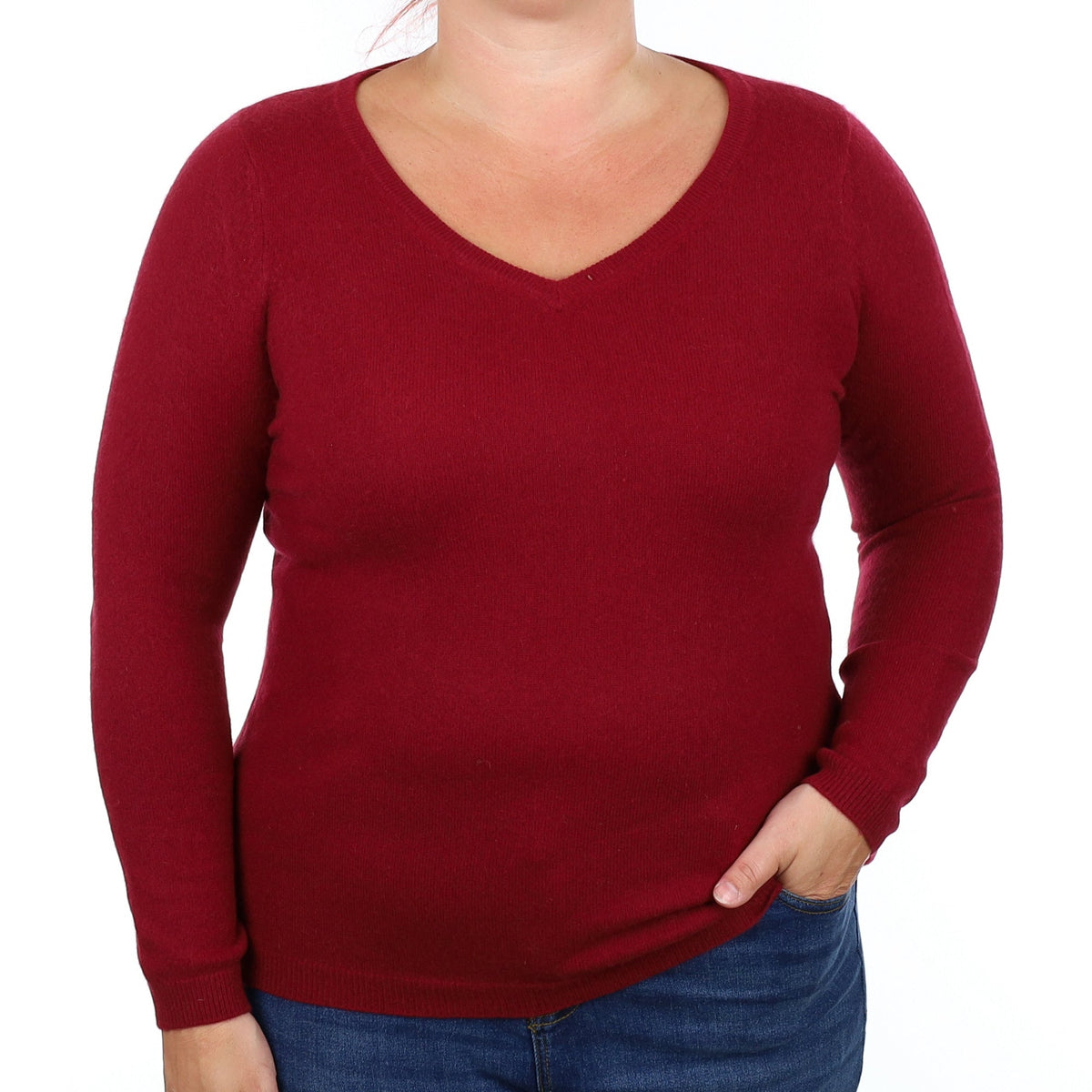 Burgundy Red Cashmere V Neck Jumper Large
