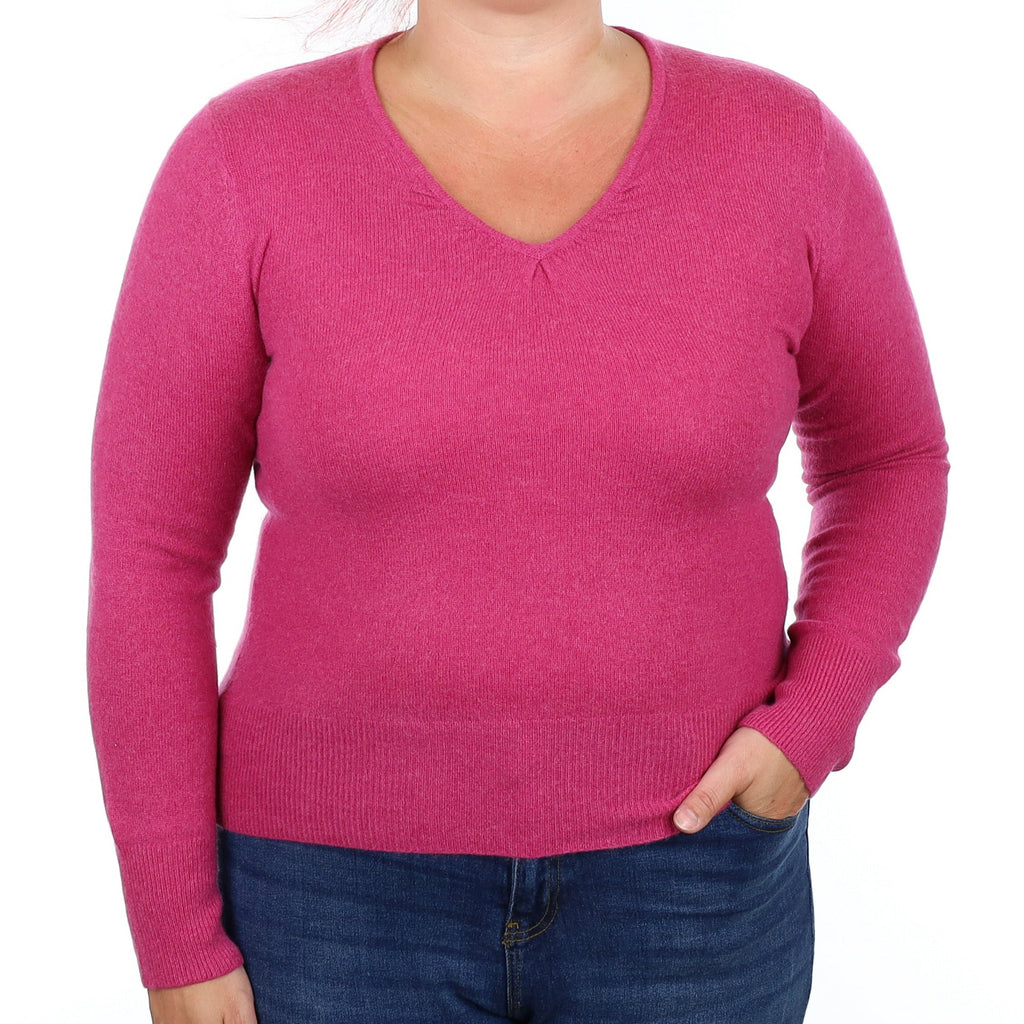 Magenta Pink Cashmere V Neck Jumper Large
