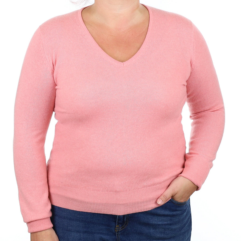 Flamingo Pink Cashmere V Neck Jumper Large