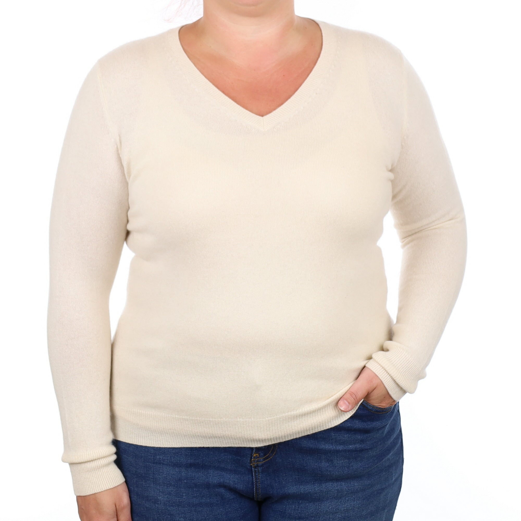 Ivory Cashmere V Neck Jumper Large