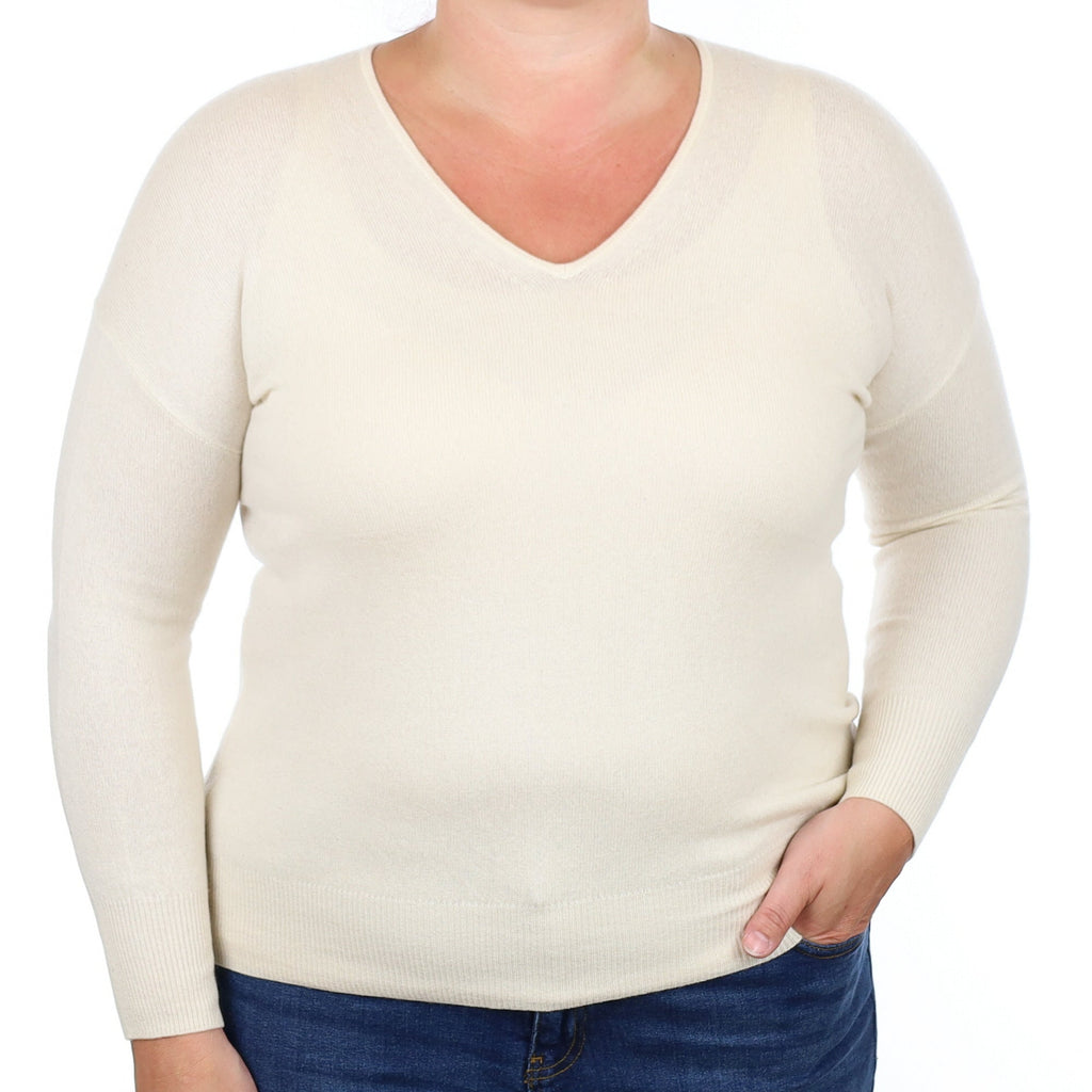 Ivory Cashmere V Neck Jumper Large