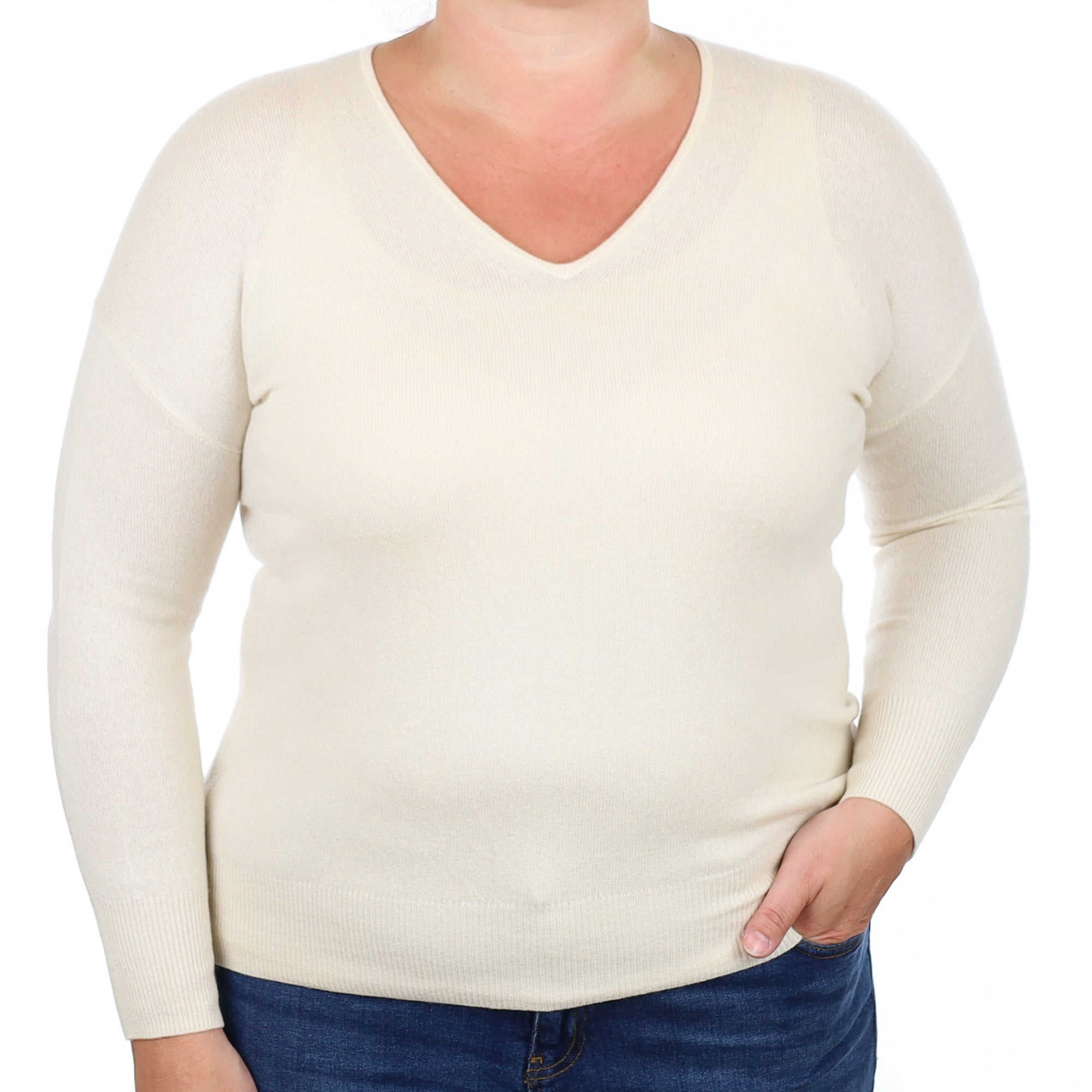 Ivory Cashmere V Neck Jumper Large