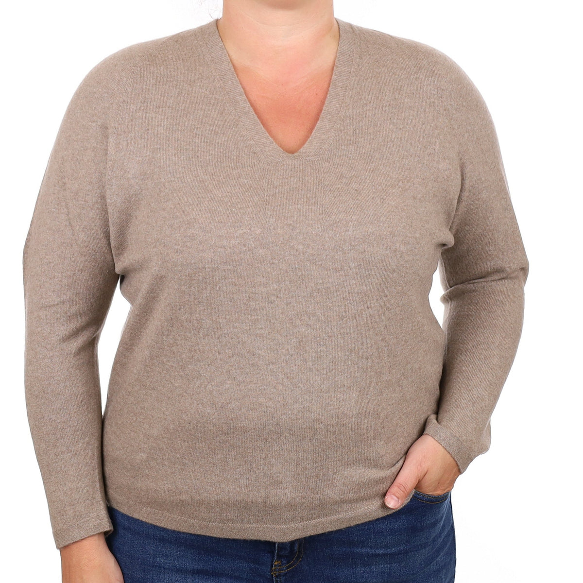 Mocha Brown Cashmere V Neck Jumper Large