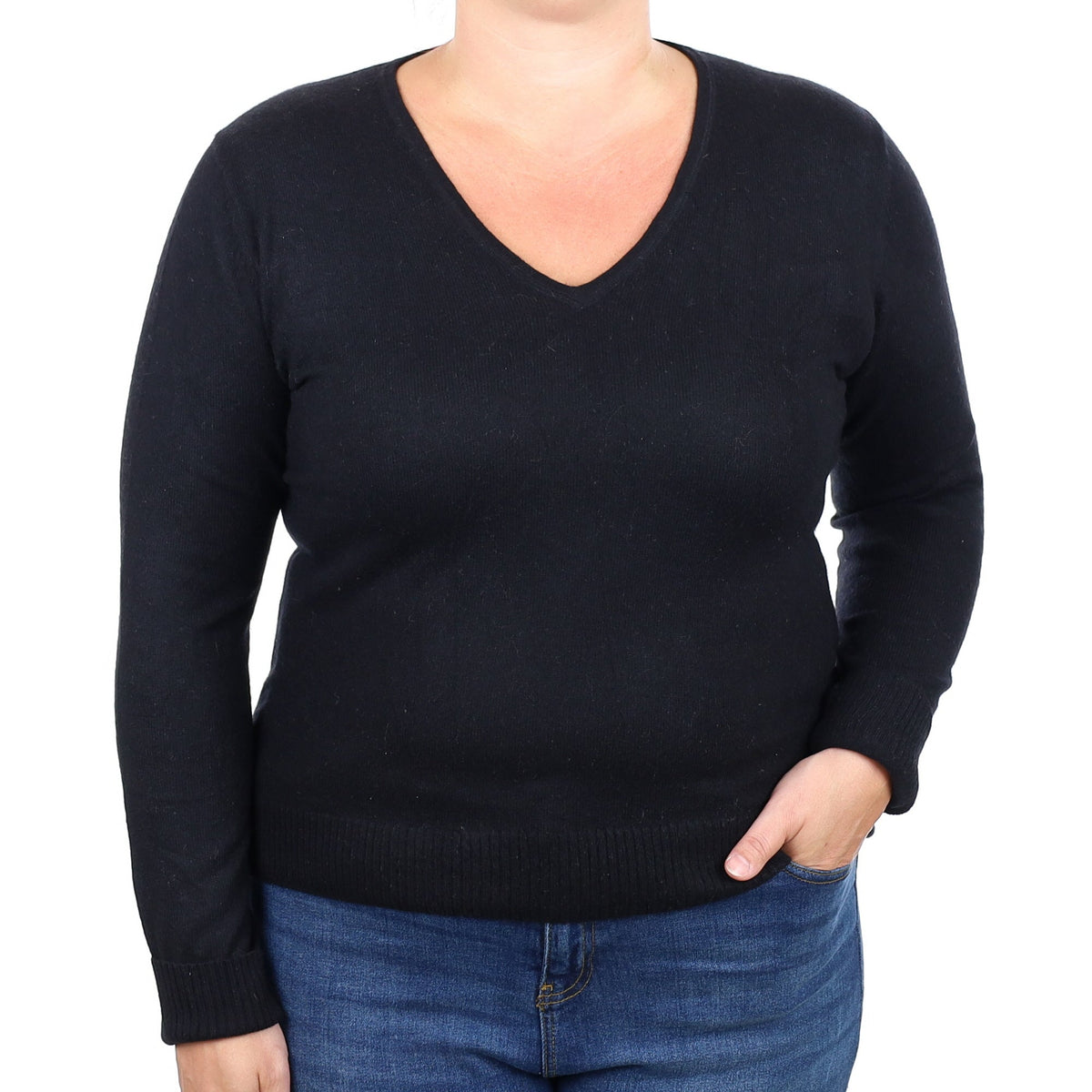 Black Cashmere V Neck Jumper Large