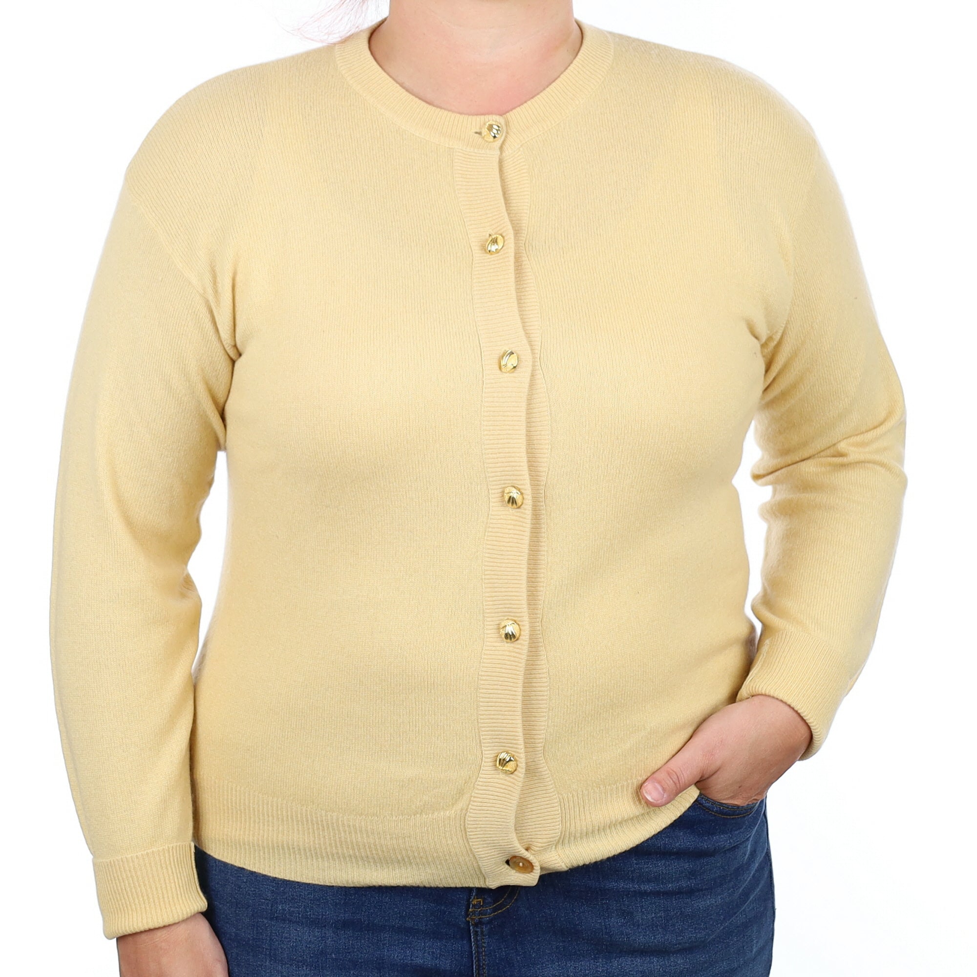 Primrose Yellow Cashmere Crew Neck Cardigan Large