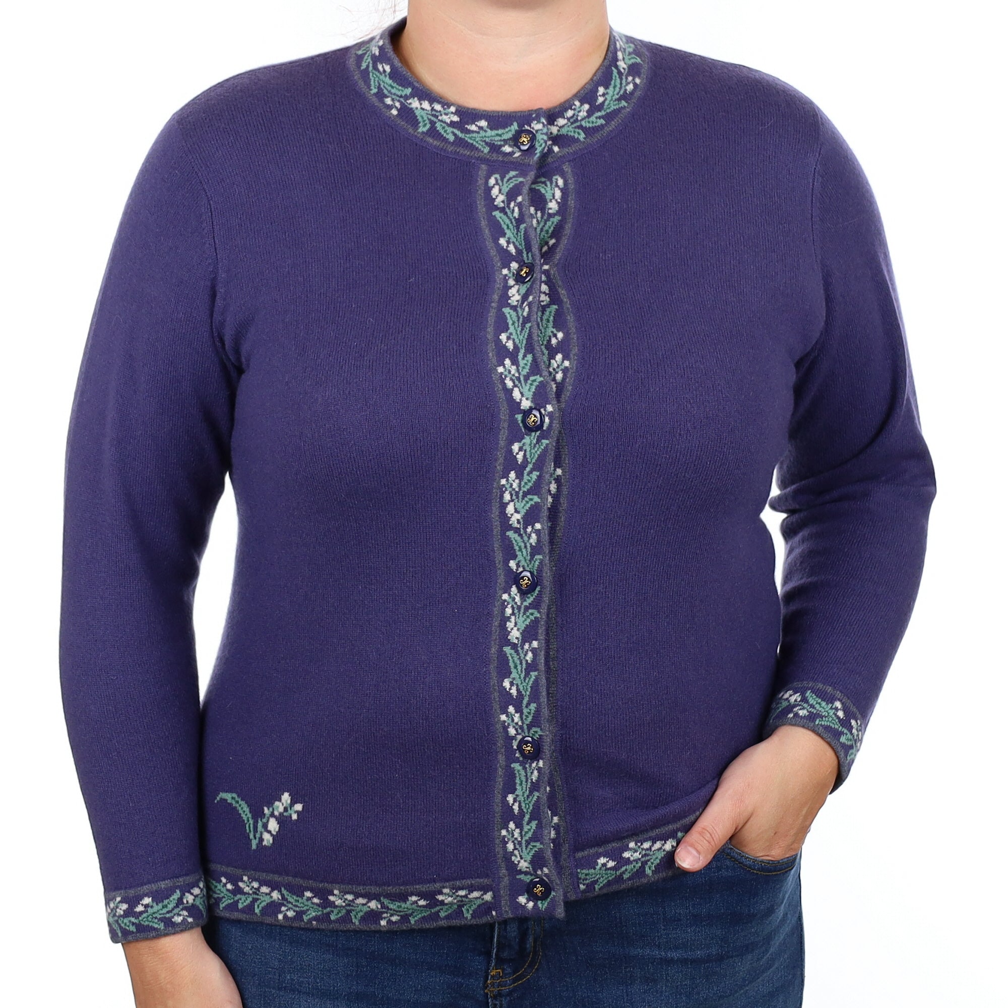 Amethyst Purple Floral Cashmere Crew Neck Cardigan Large