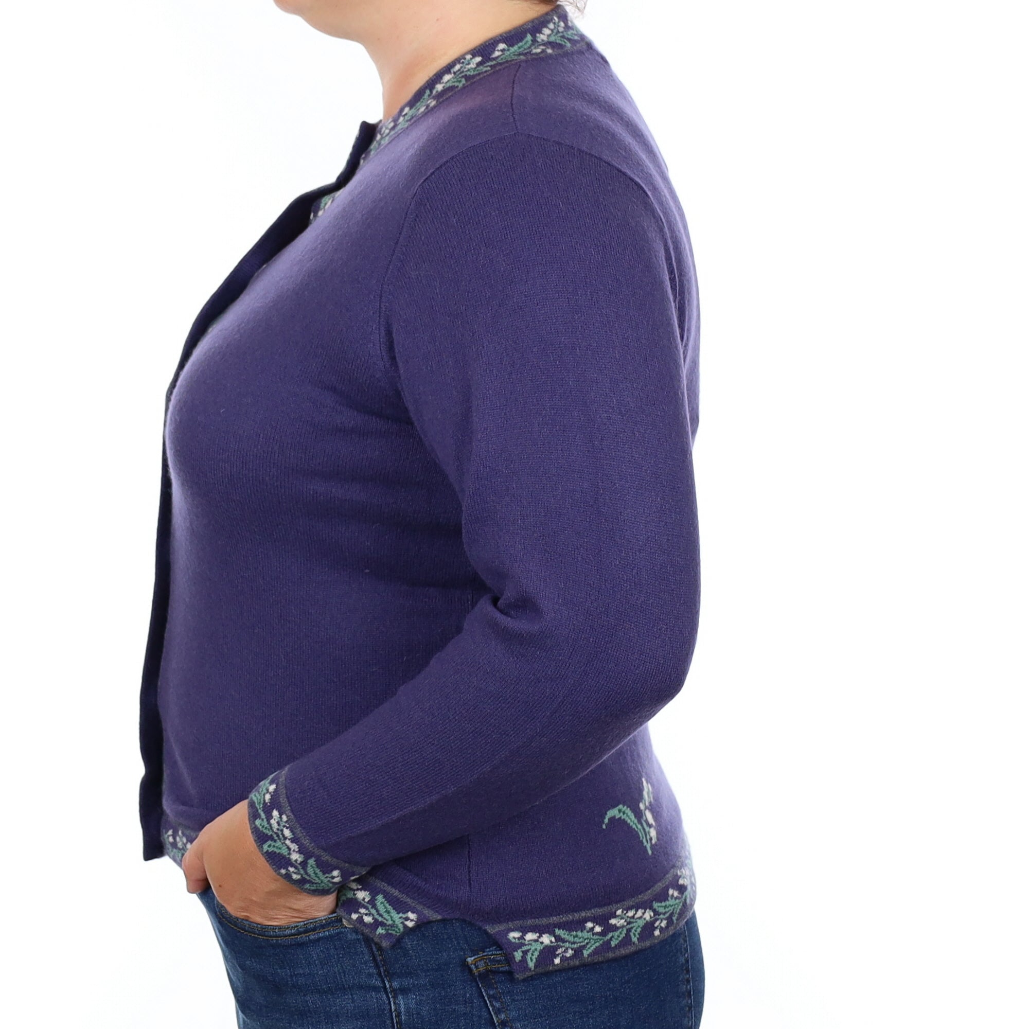 Amethyst Purple Floral Cashmere Crew Neck Cardigan Large