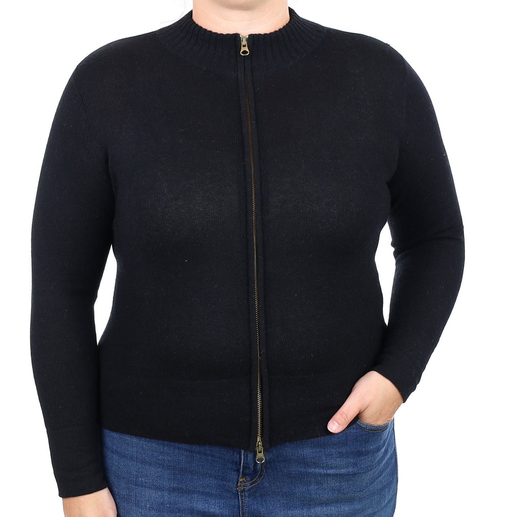 Black Cashmere Turtle Neck Zip Up Cardigan Large