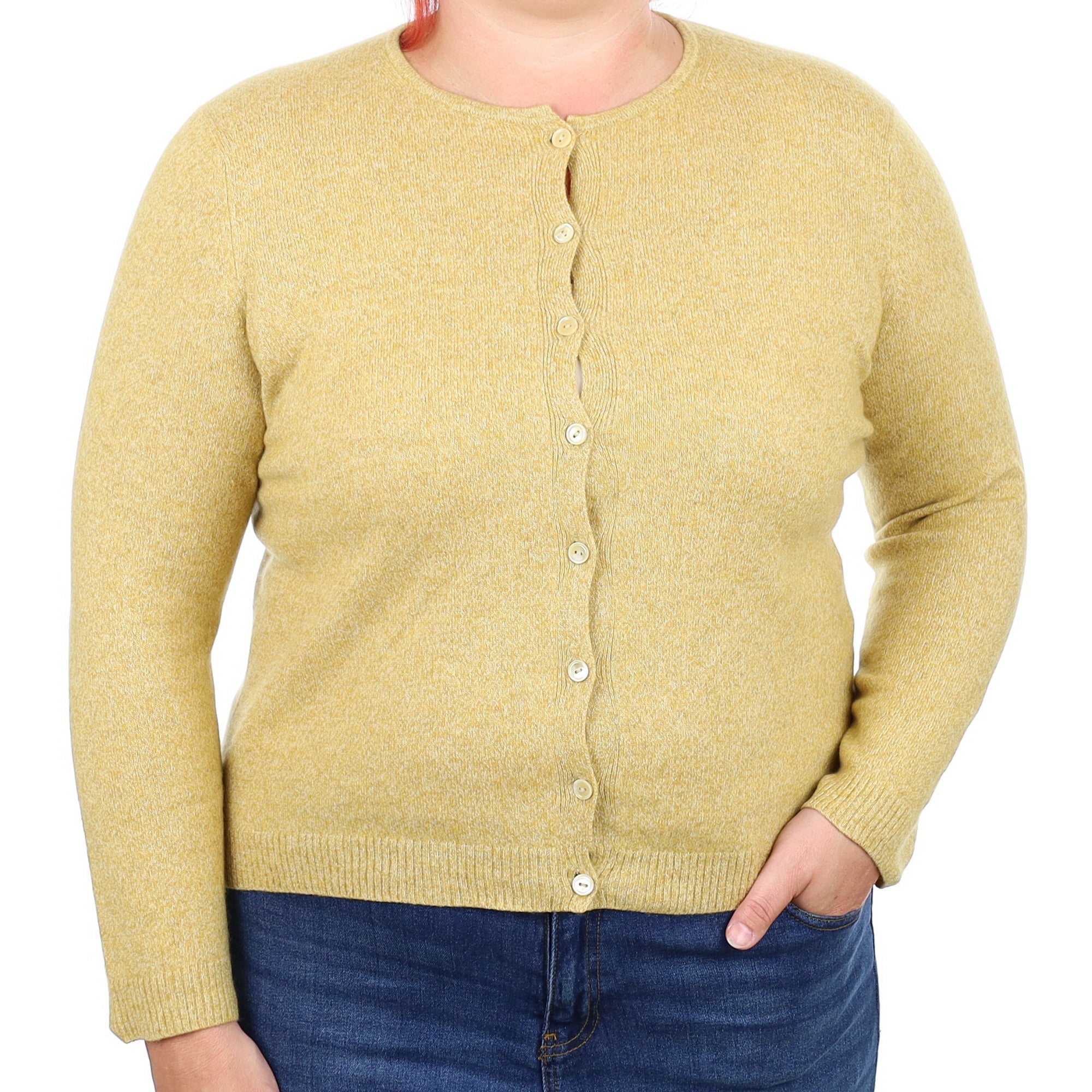 Flaxen Yellow Marl Cashmere Crew Neck Cardigan Large