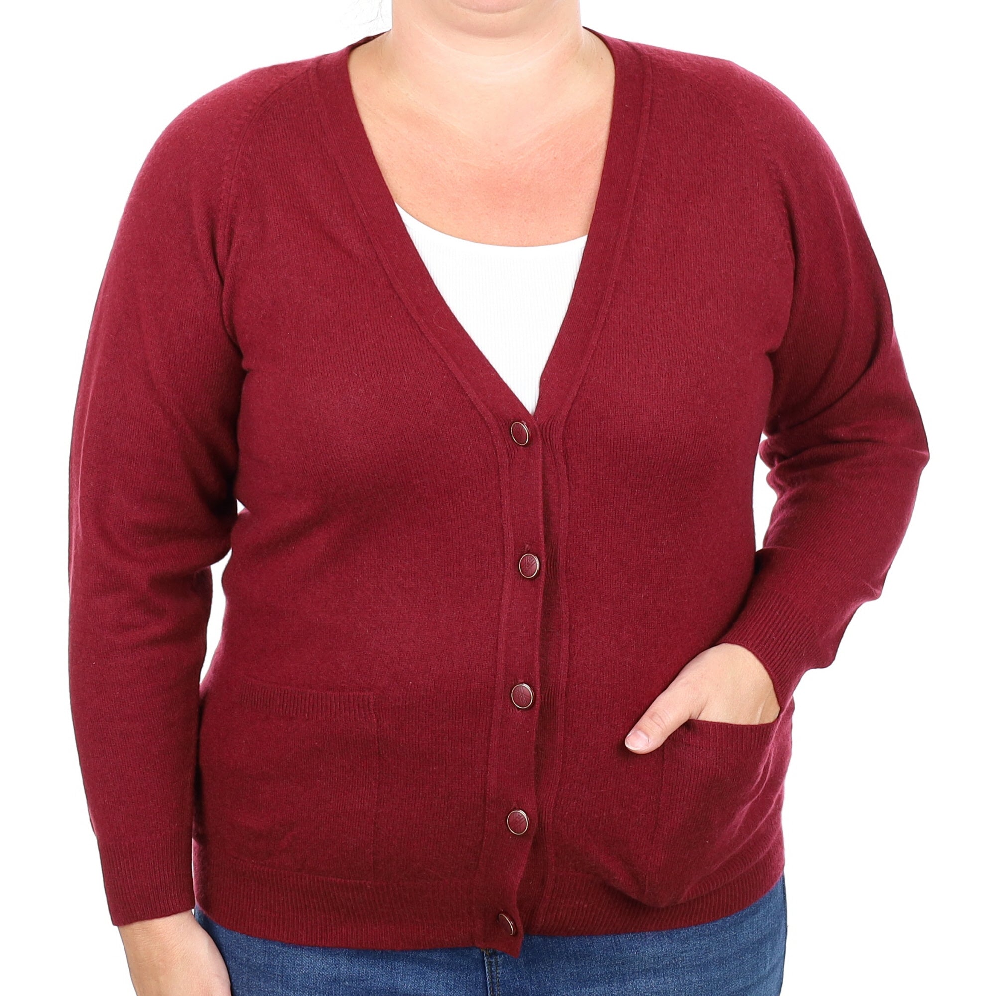 Burgundy Red Cashmere V Neck Cardigan with Pockets Large