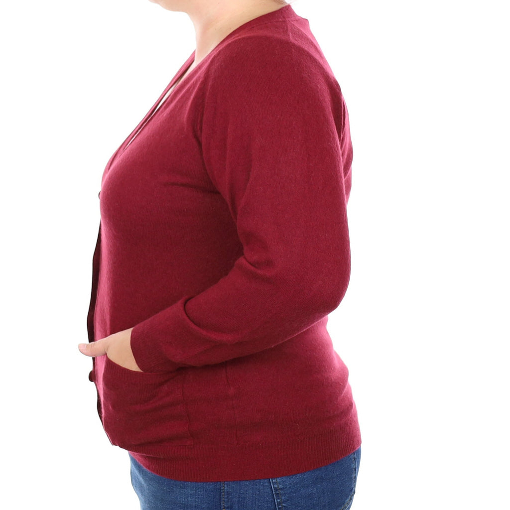 Burgundy Red Cashmere V Neck Cardigan with Pockets Large