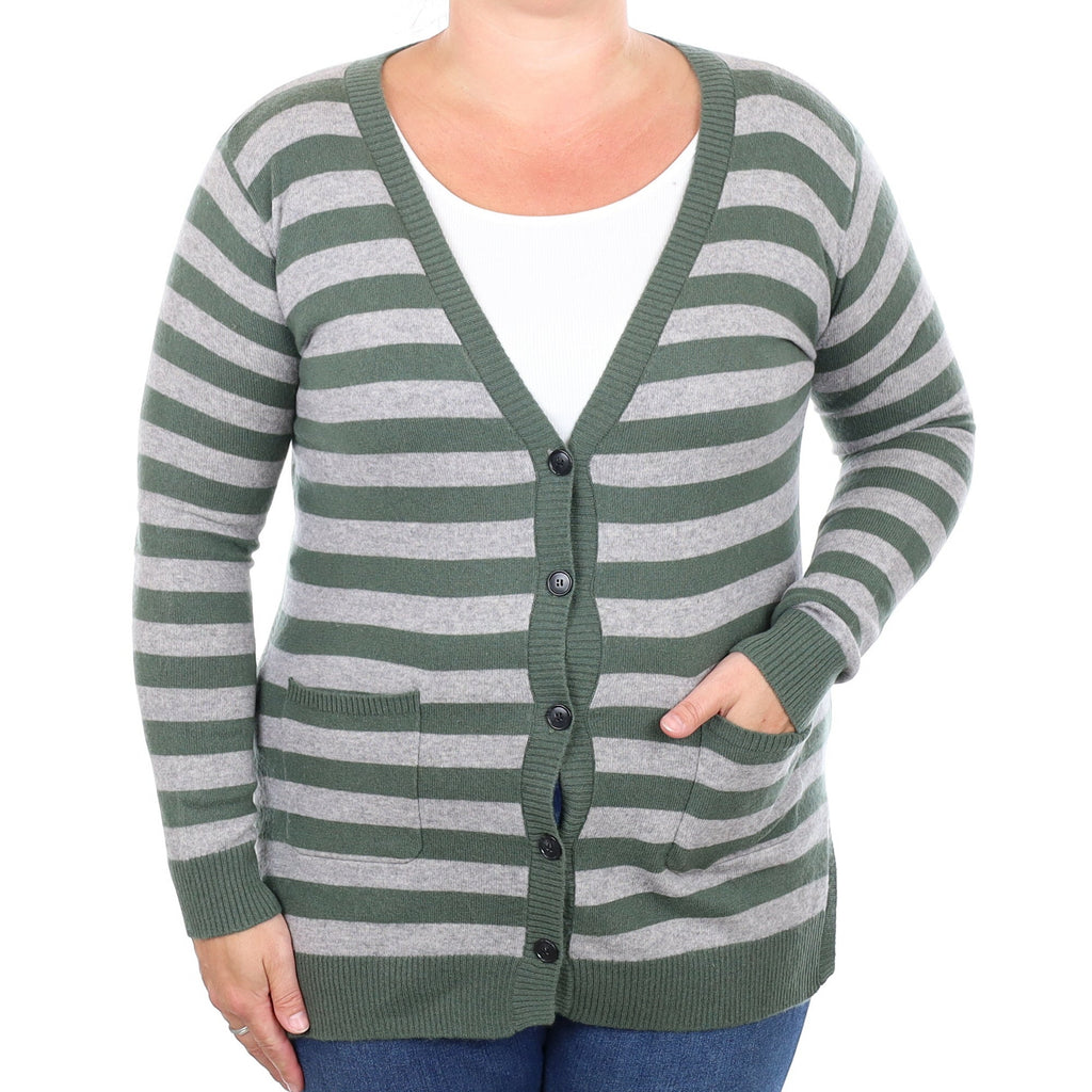 Smoke Grey and Green Striped Cashmere V Neck Cardigan Large