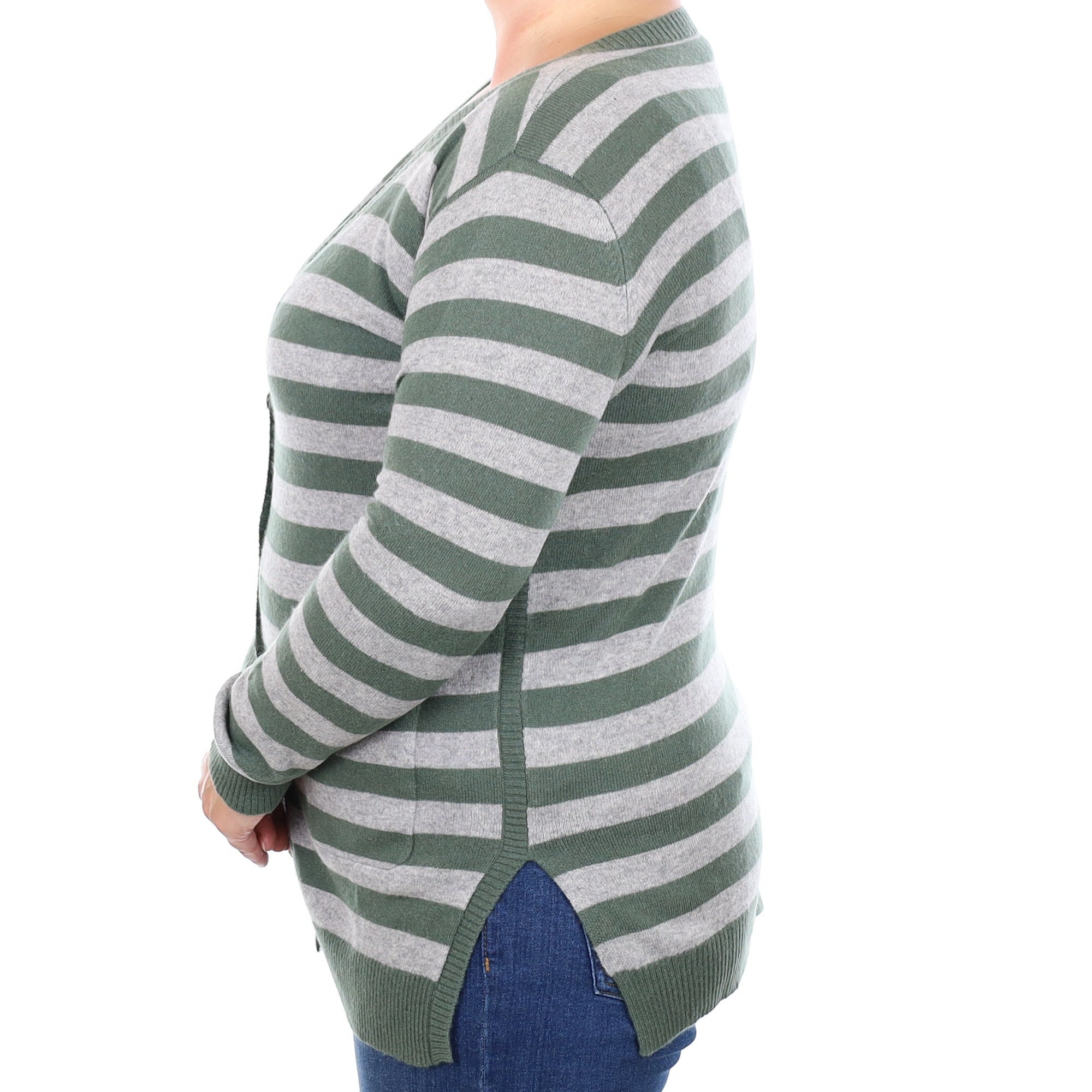 Smoke Grey and Green Striped Cashmere V Neck Cardigan Large