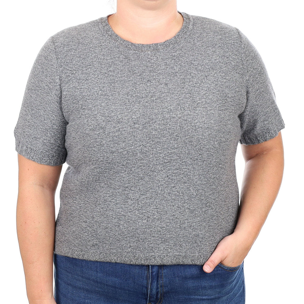 Slate Grey Marl Cashmere Short Sleeved Crew Neck Jumper Large