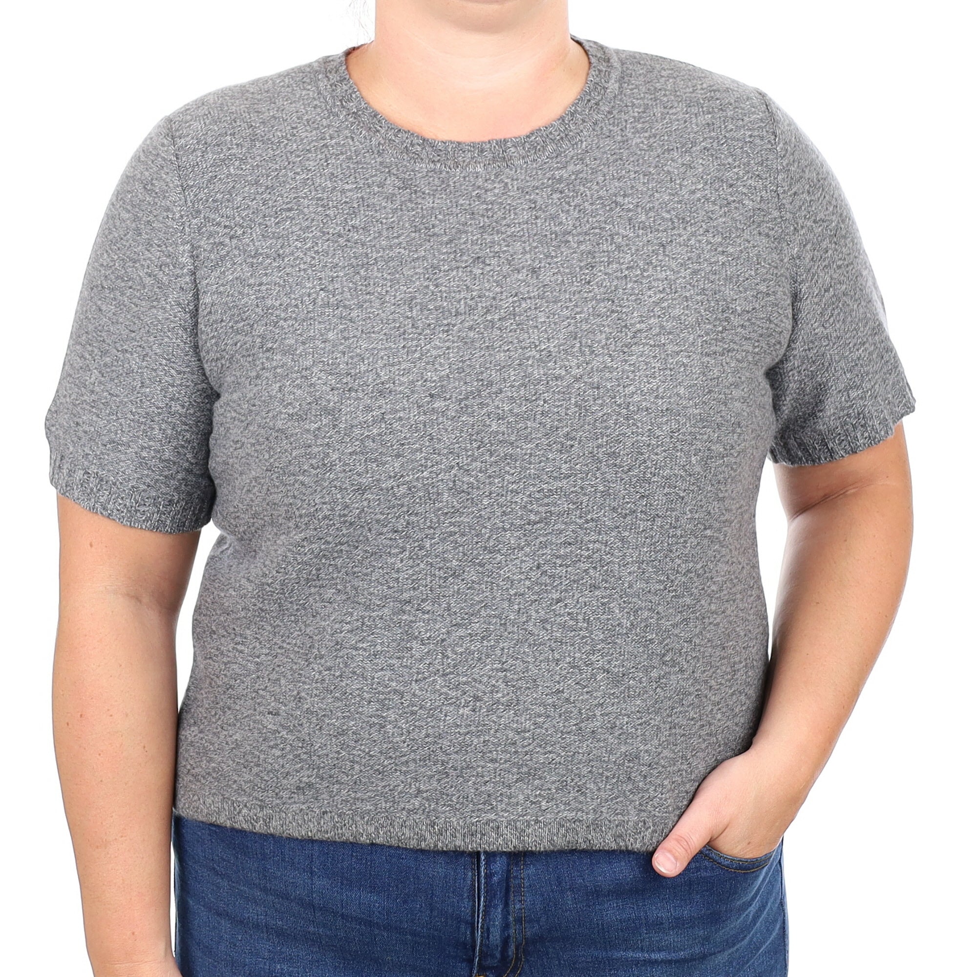 Slate Grey Marl Cashmere Short Sleeved Crew Neck Jumper Large