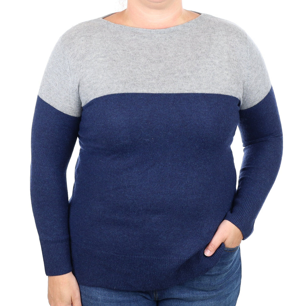 Grey and Navy Colour Block Cashmere Crew Neck Jumper Large