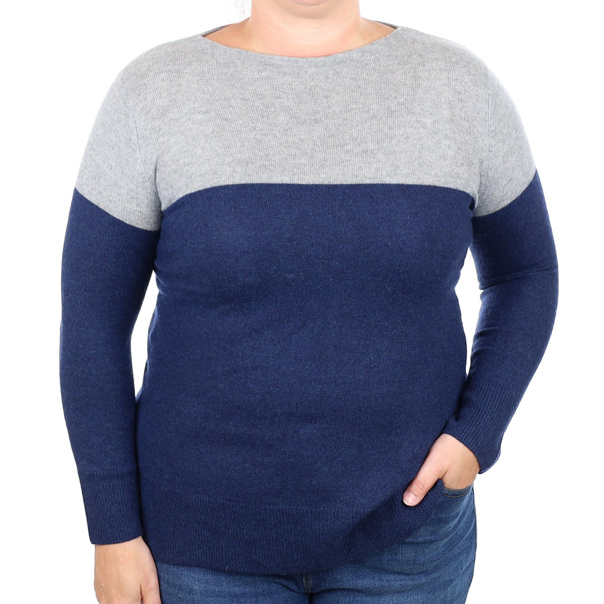 Grey and Navy Colour Block Cashmere Crew Neck Jumper Large