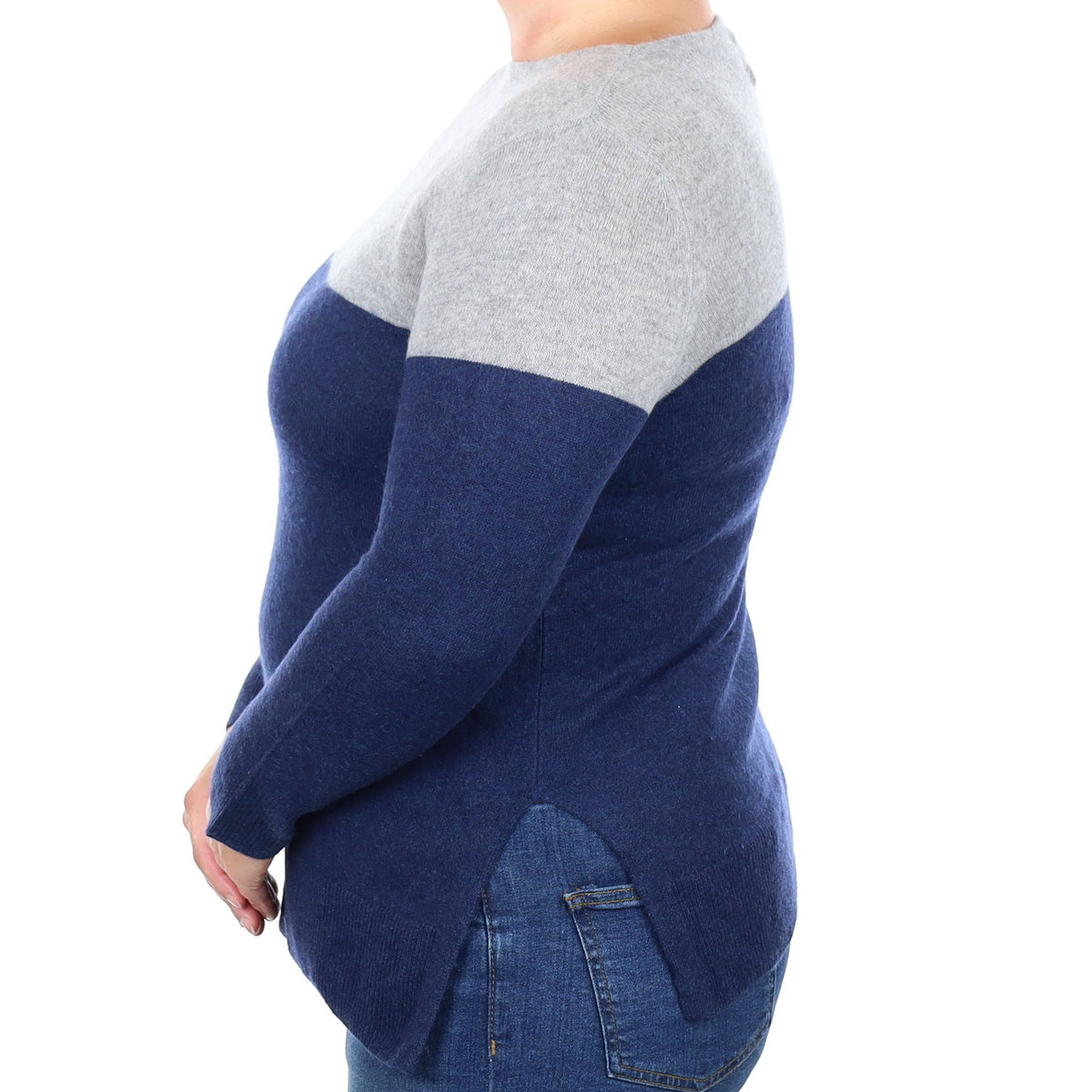 Grey and Navy Colour Block Cashmere Crew Neck Jumper Large