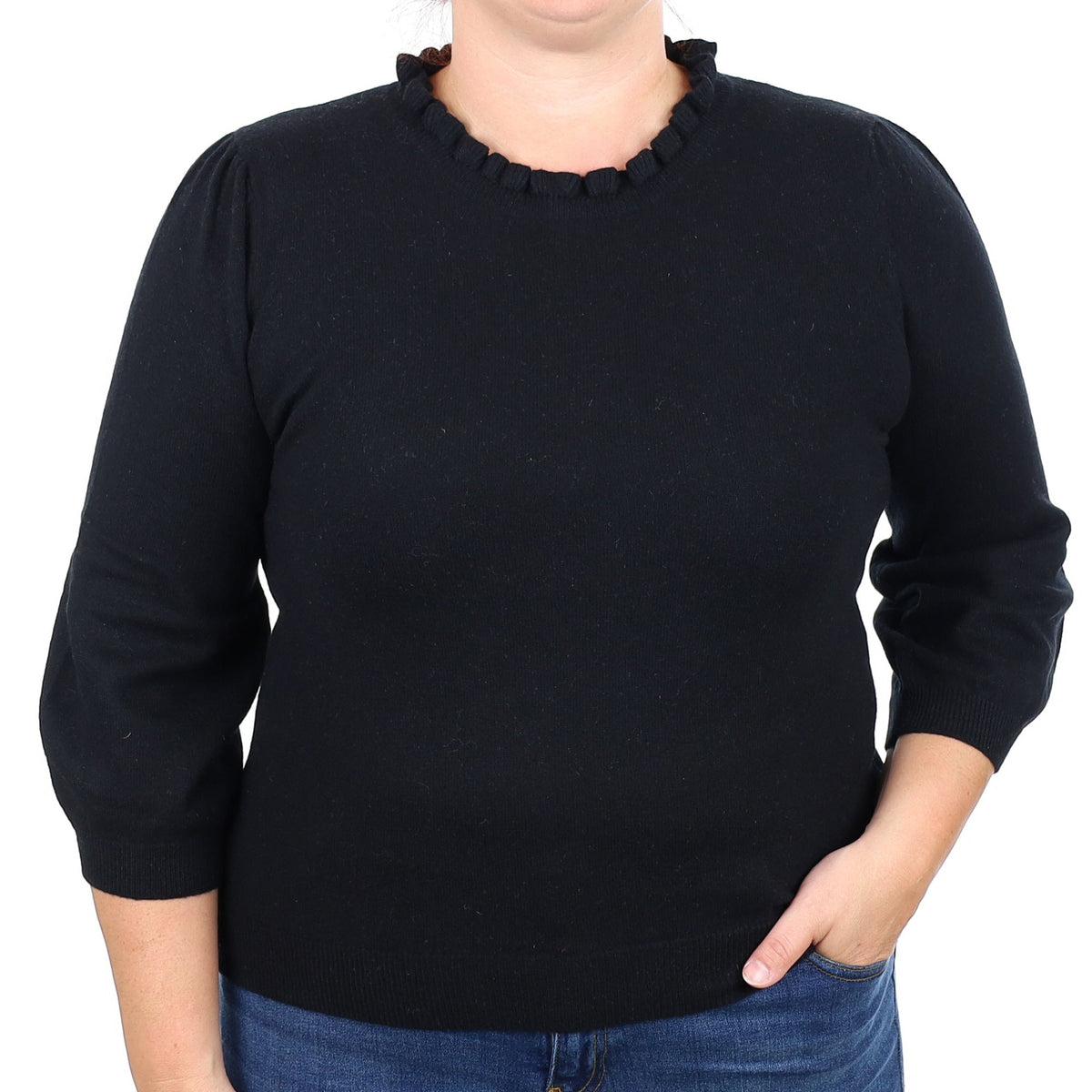 WYSE Black Ruffle Neck Cashmere Crew Neck Jumper Large