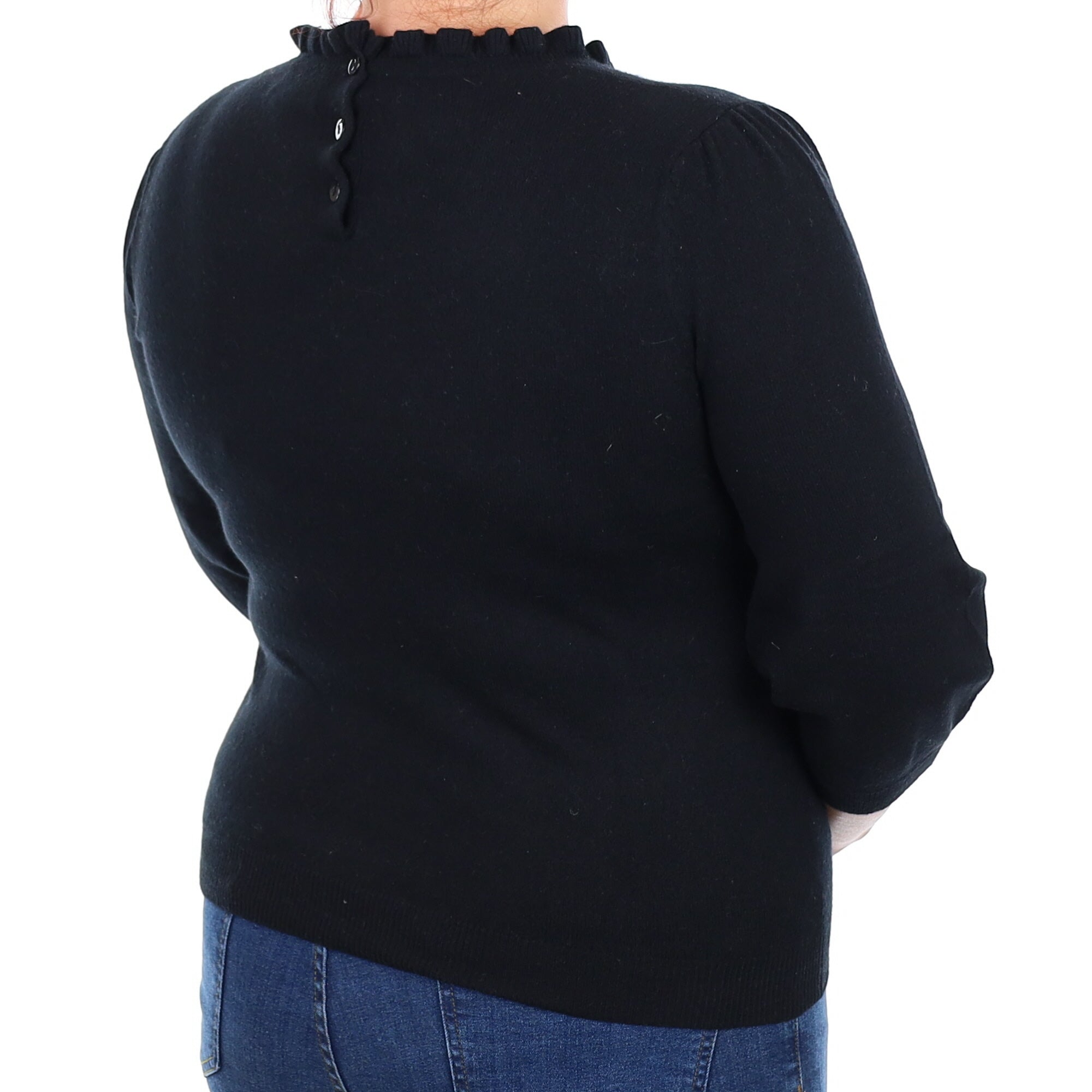 WYSE Black Ruffle Neck Cashmere Crew Neck Jumper Large