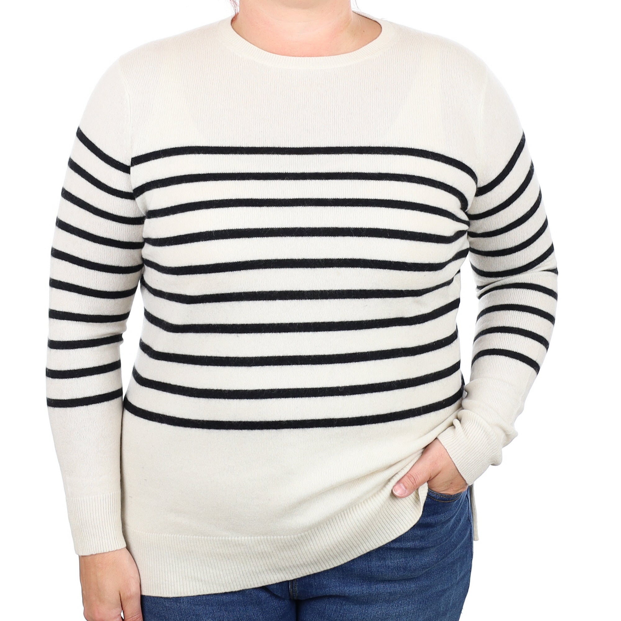 Ivory & Black Stripe Cashmere Crew Neck Jumper Large