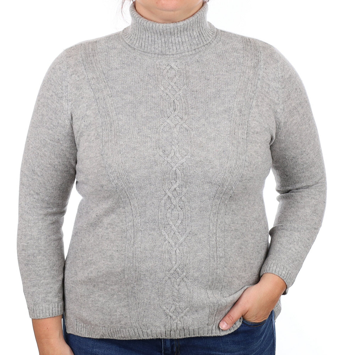 Smoke Grey Cable Cashmere Polo Neck Jumper Large