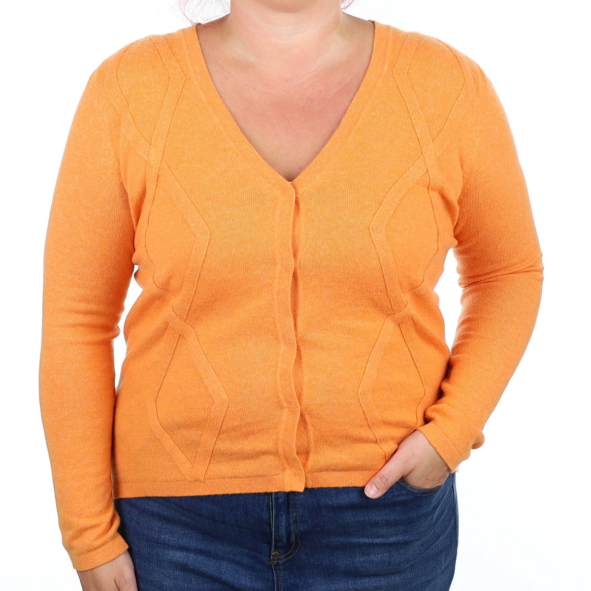 Orange Patterned Cashmere V Neck Cardigan Large