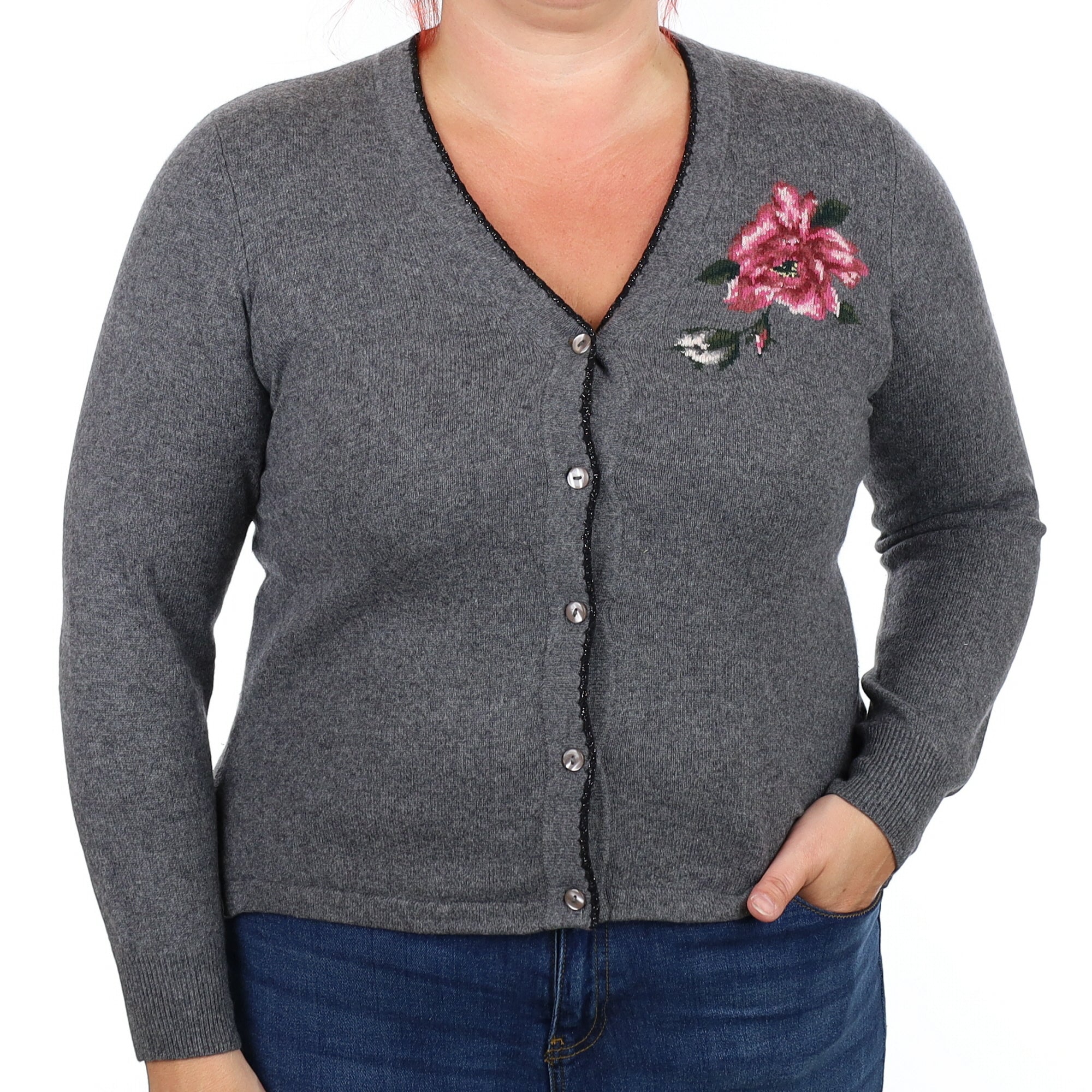 Slate Grey Floral Cashmere V Neck Cardigan Large