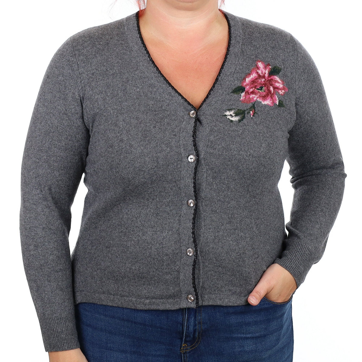 Slate Grey Floral Cashmere V Neck Cardigan Large