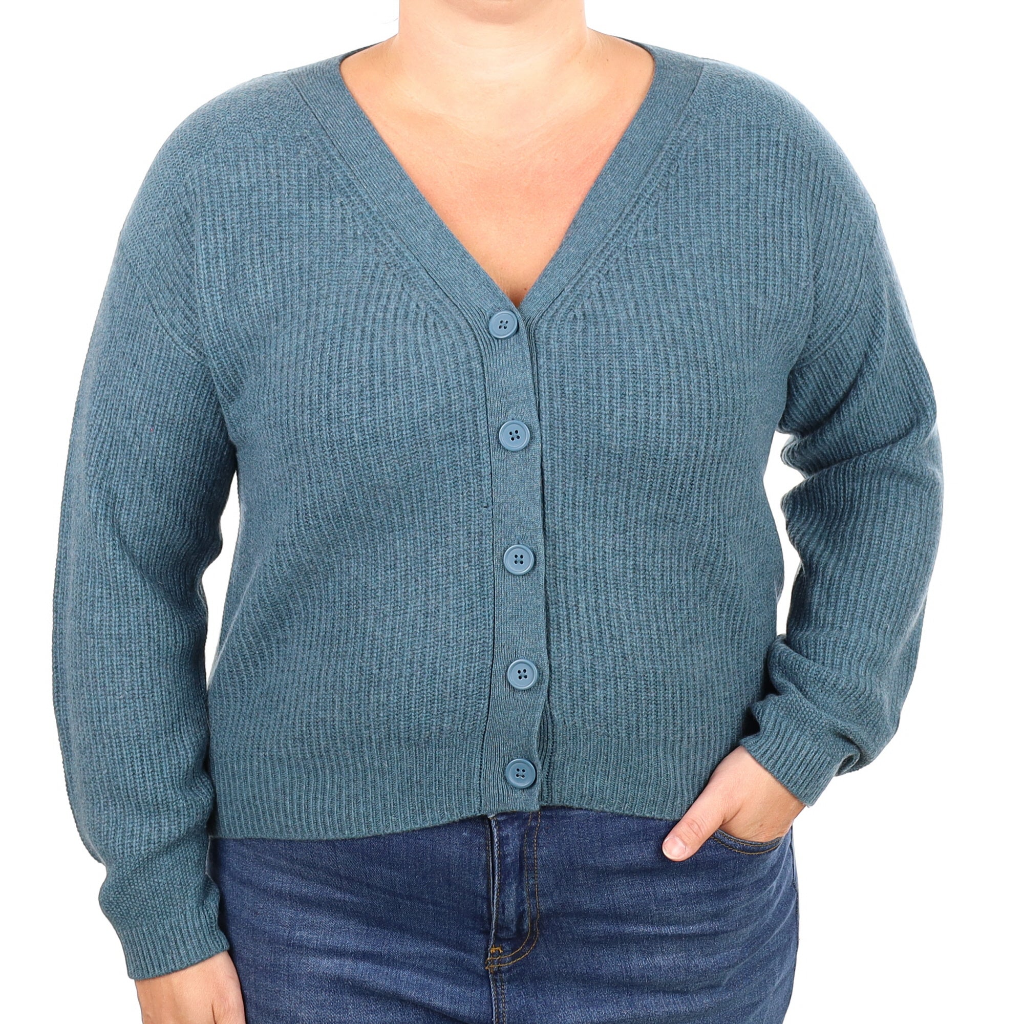 Pacific Blue Ribbed Cashmere V Neck Cardigan Large