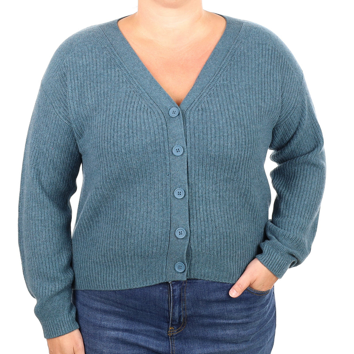 Pacific Blue Ribbed Cashmere V Neck Cardigan Large