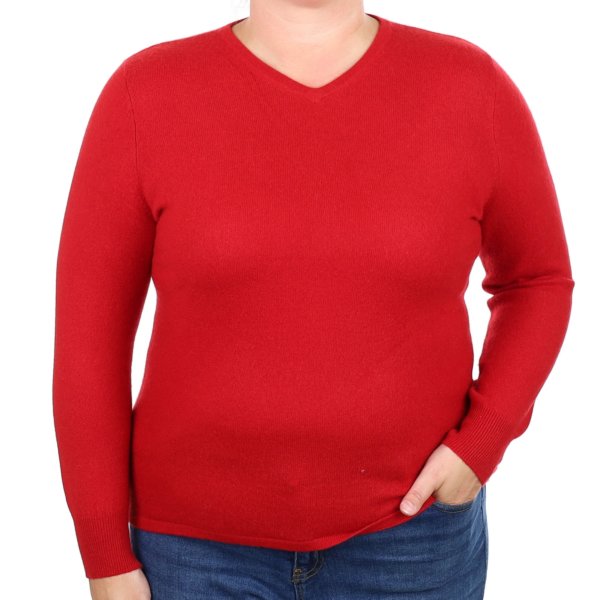 Post Box Red Cashmere V Neck Jumper Large