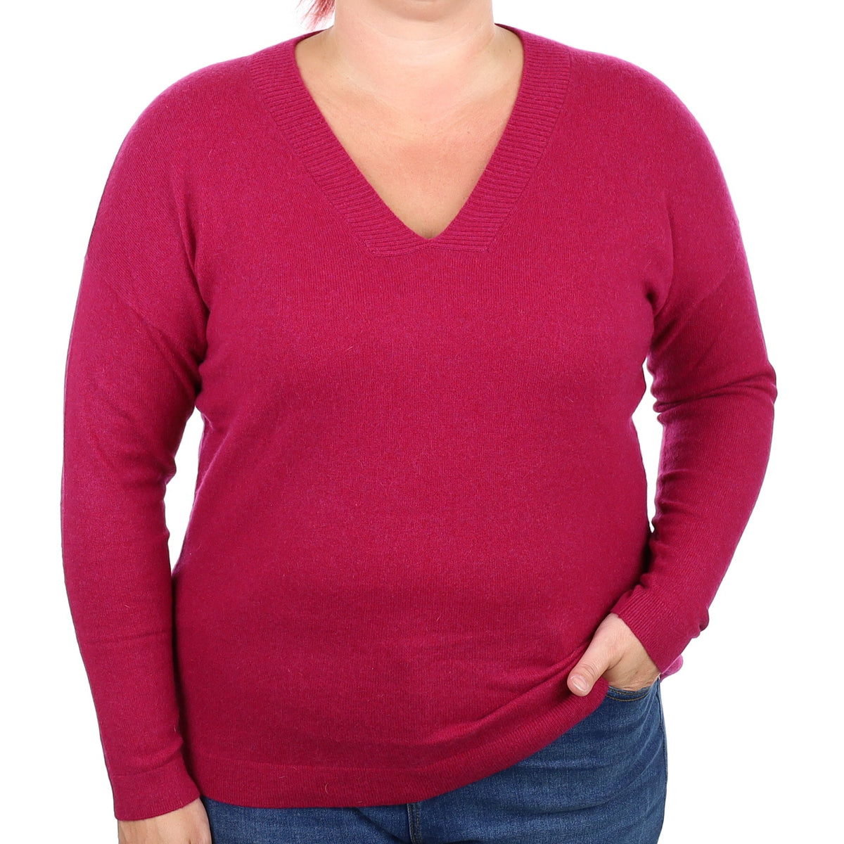 Magenta Pink Cashmere V Neck Jumper Large