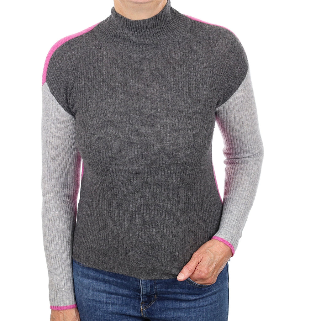 Grey and Magenta Rib Cashmere Turtleneck Jumper Medium
