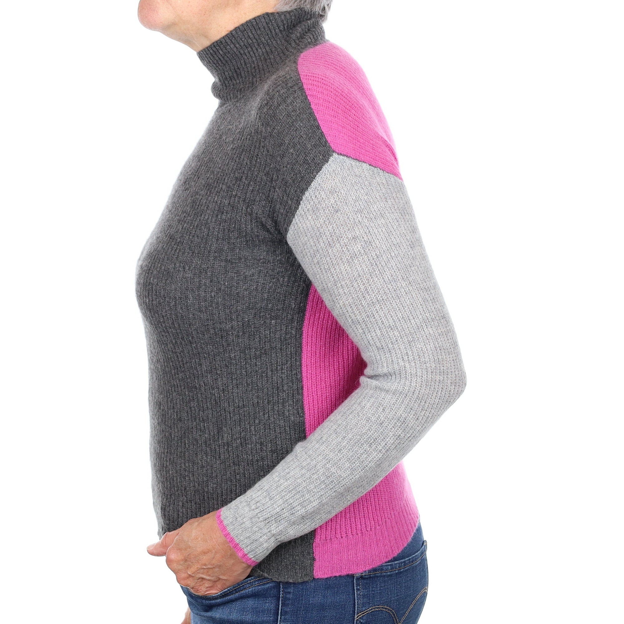 Grey and Magenta Rib Cashmere Turtleneck Jumper Medium