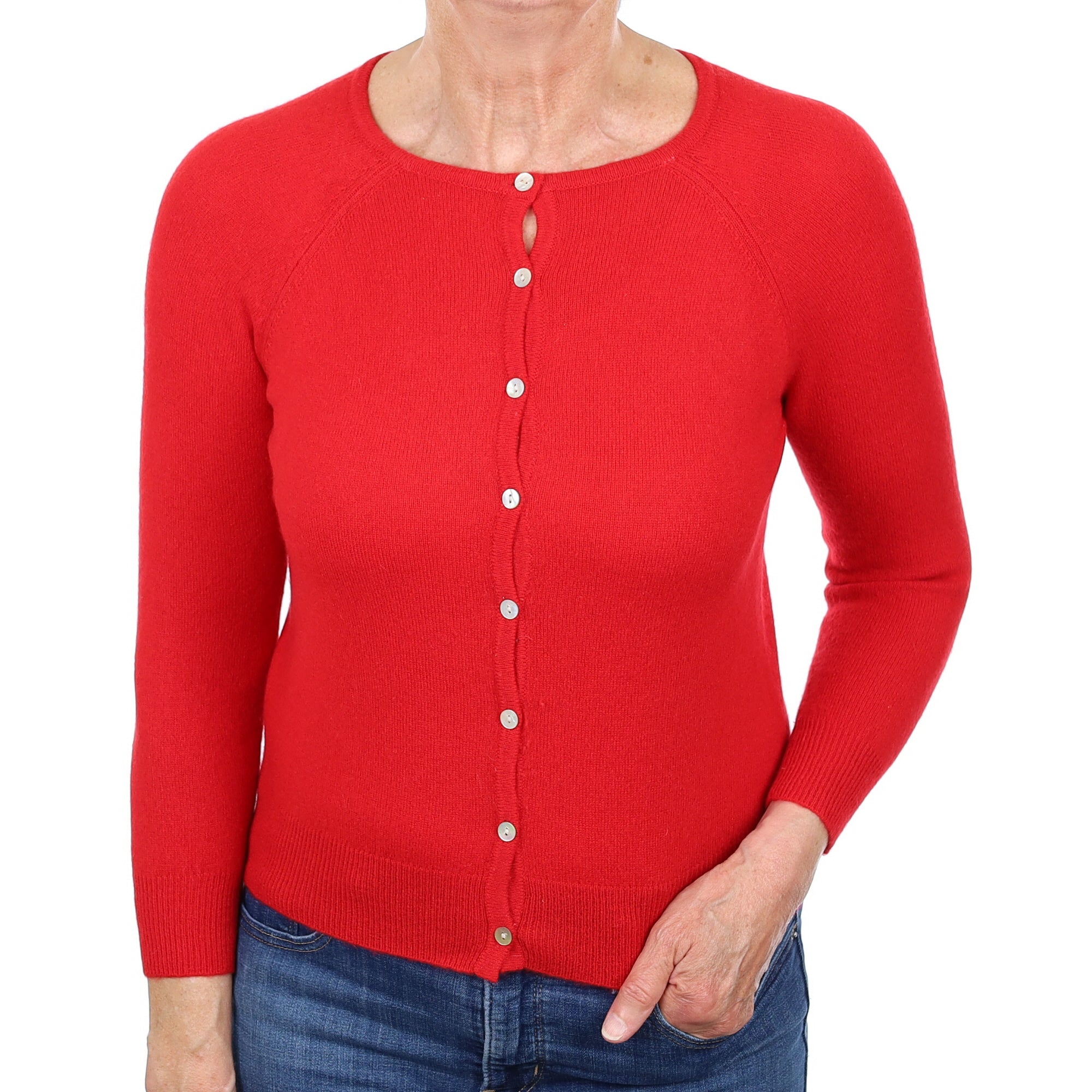 Scarlet Red Cashmere Crew Neck Cardigan Medium