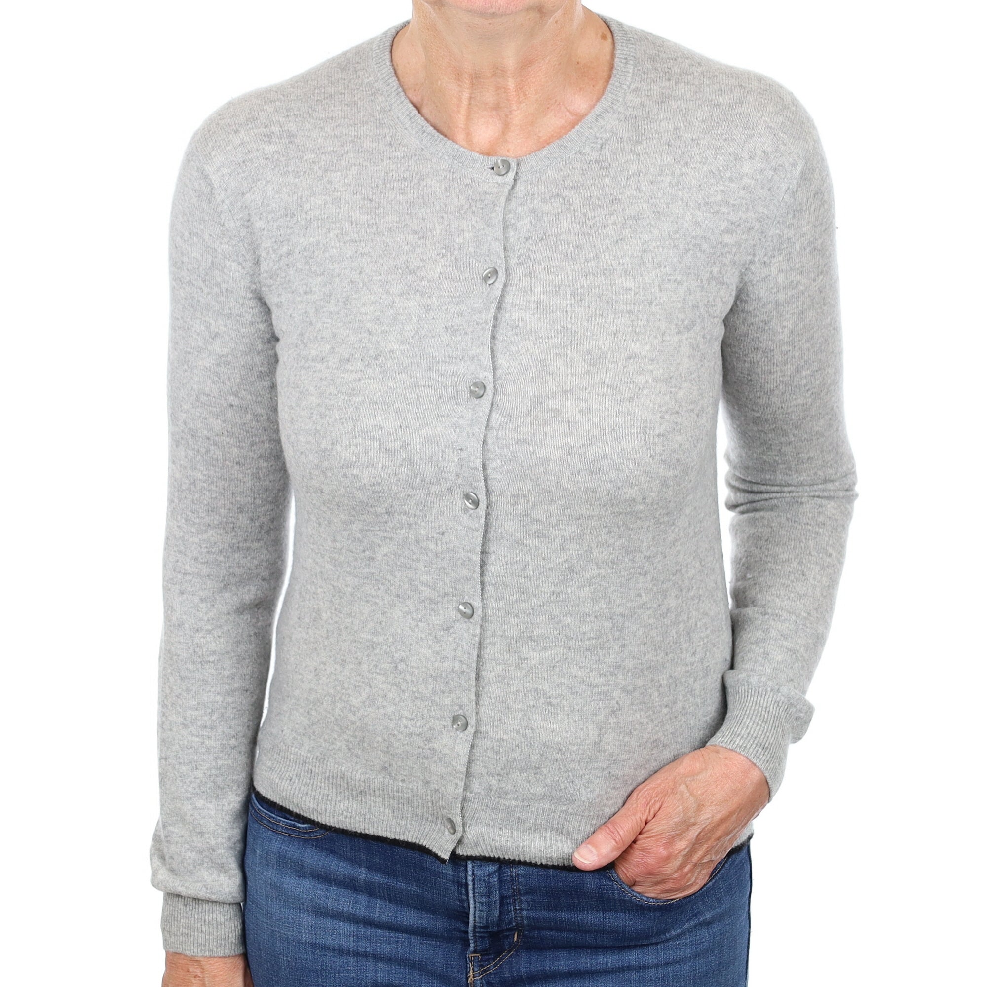 Smoke Grey Black Trim Cashmere Crew Neck Cardigan Medium