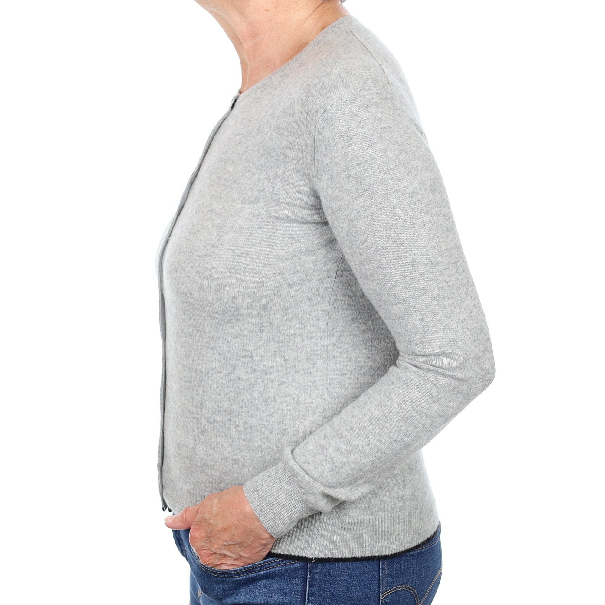 Smoke Grey Black Trim Cashmere Crew Neck Cardigan Medium