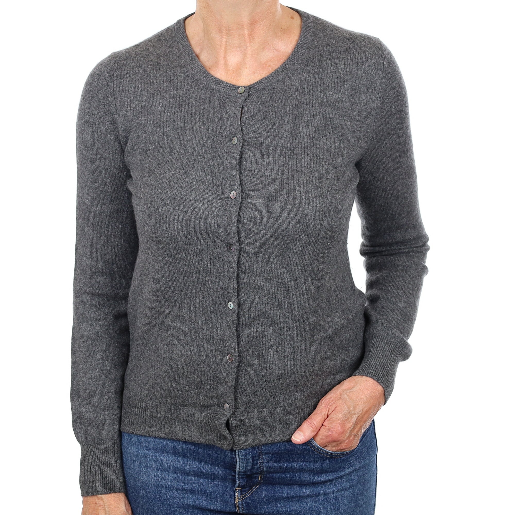 Slate Grey Cashmere Crew Neck Cardigan Medium