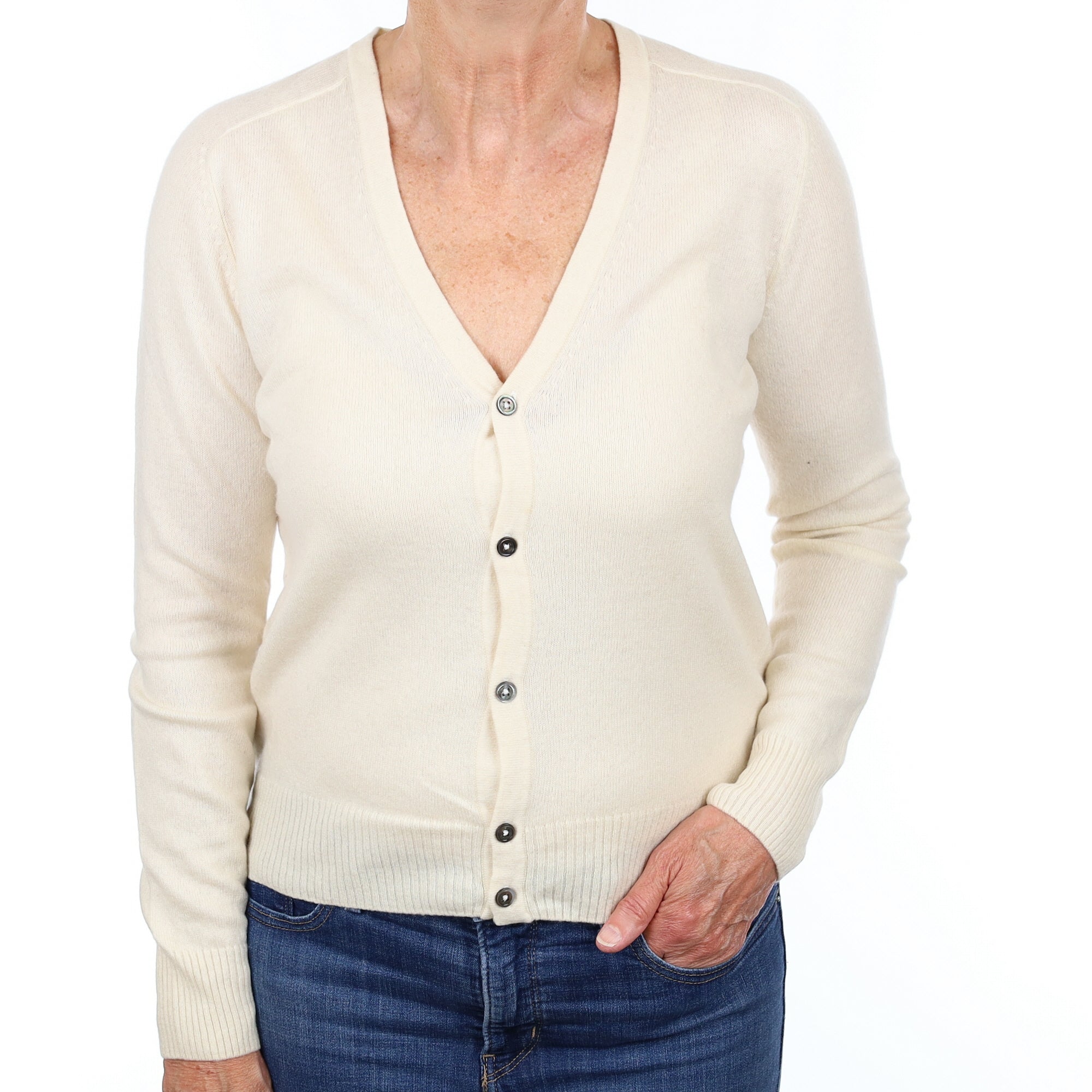 Ivory Cashmere V Neck Cardigan Medium