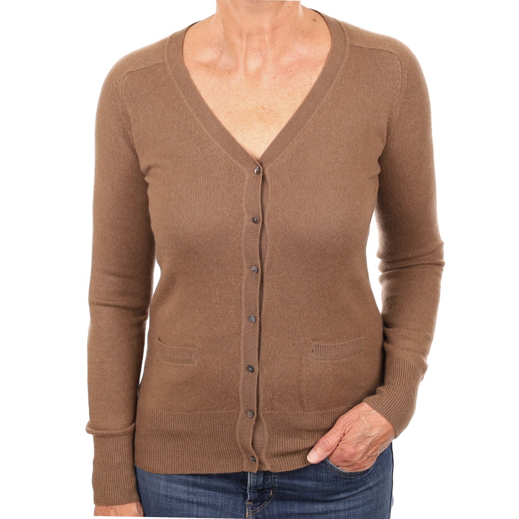 Pecan Brown Cashmere V Neck Cardigan with Pockets Medium