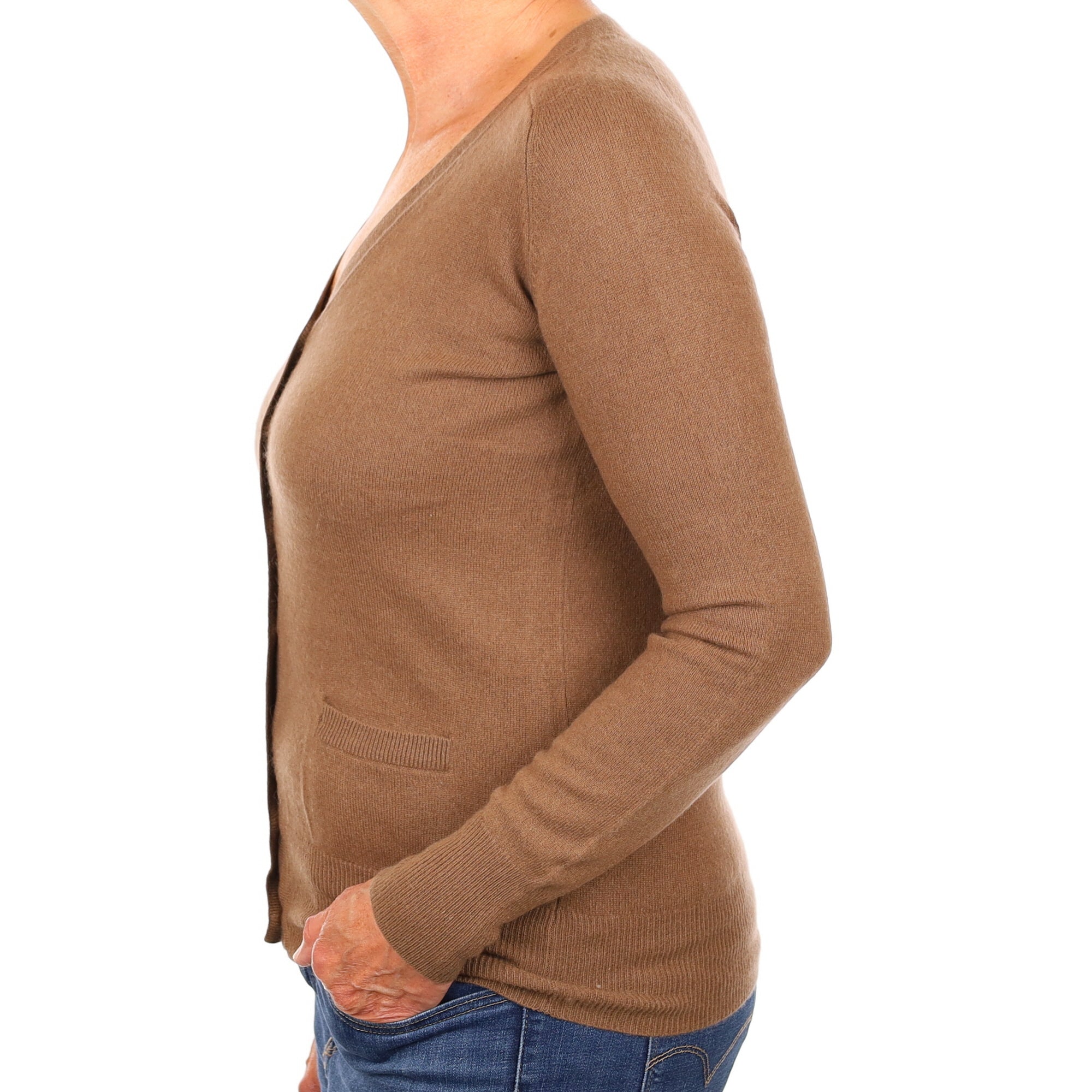 Pecan Brown Cashmere V Neck Cardigan with Pockets Medium