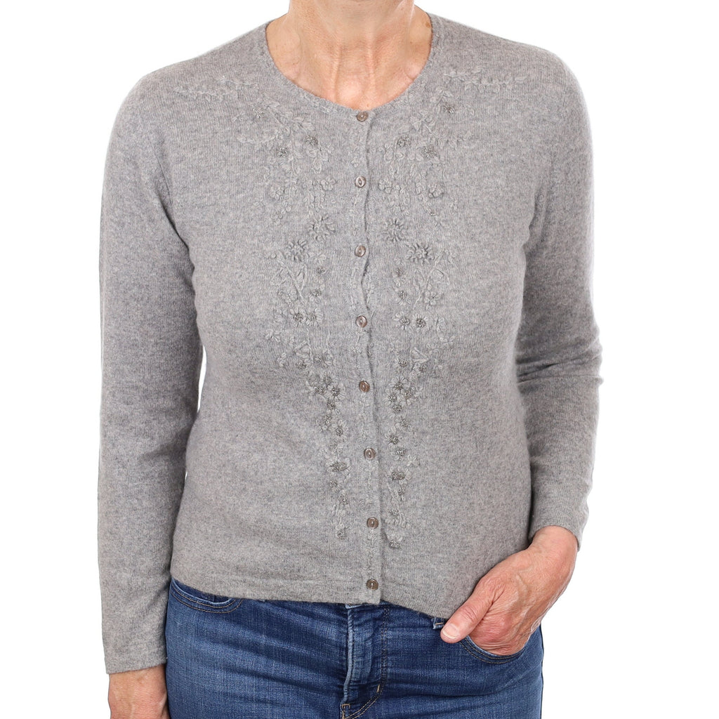 Ash Grey Embroidered Cashmere Crew Neck Cardigan Medium