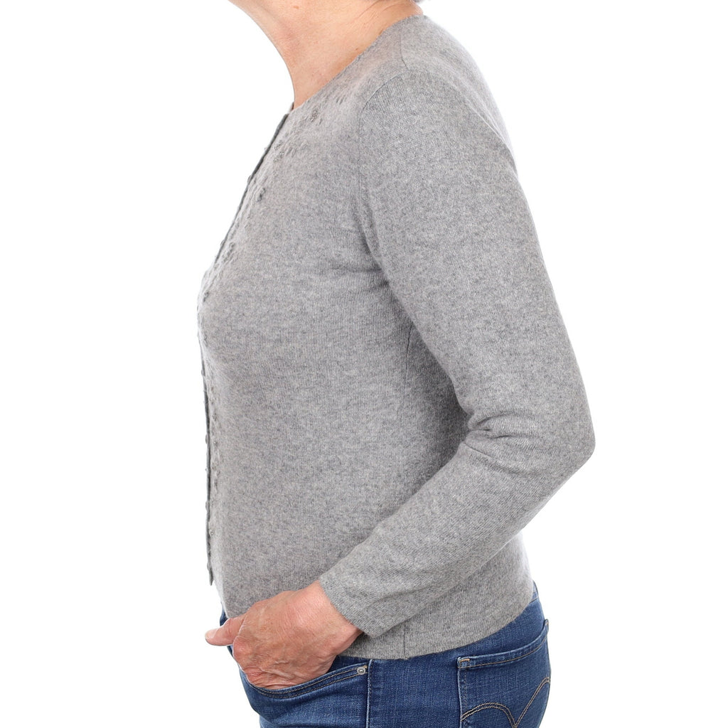 Ash Grey Embroidered Cashmere Crew Neck Cardigan Medium