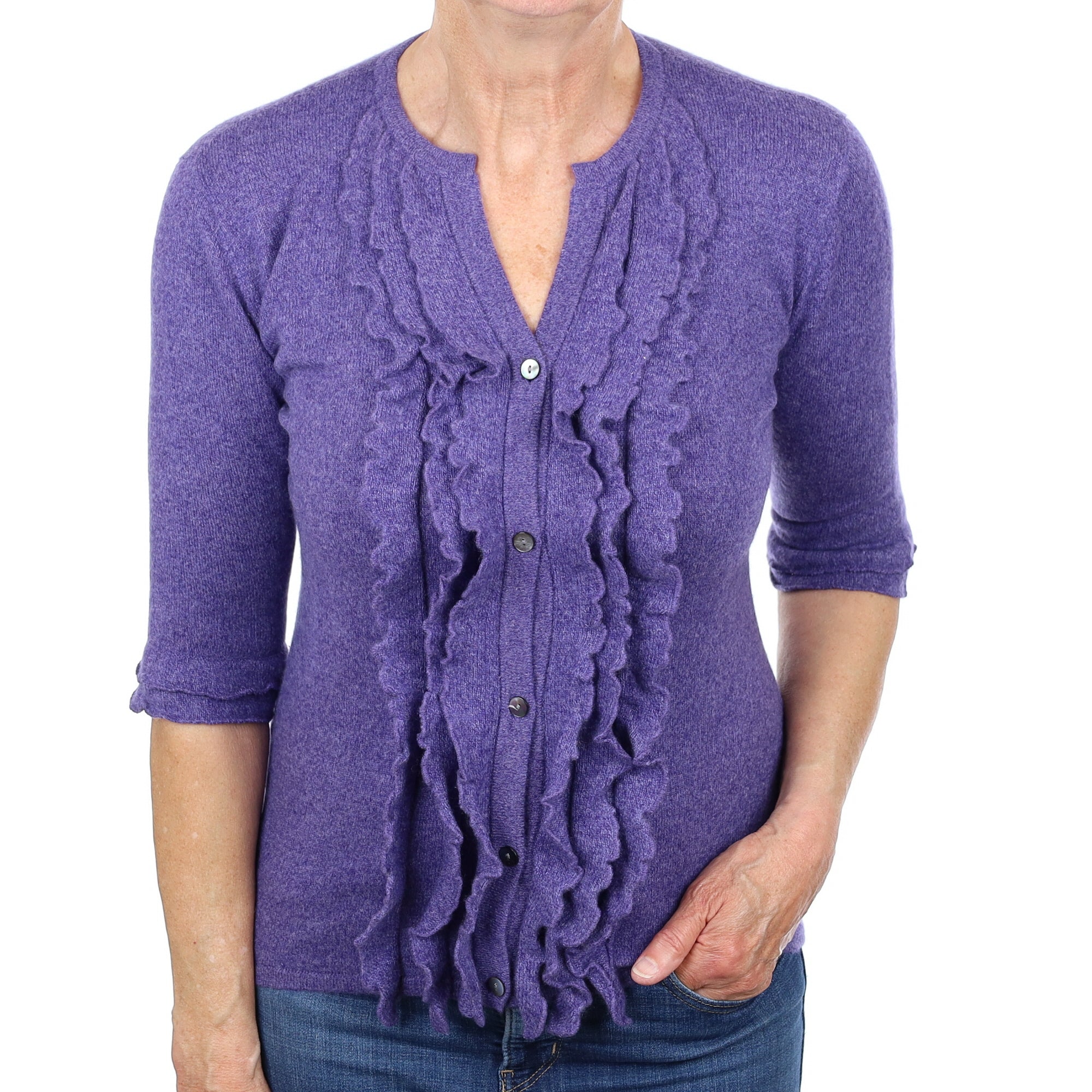 Amethyst Purple Cashmere Ruffled V Neck Cardigan Medium